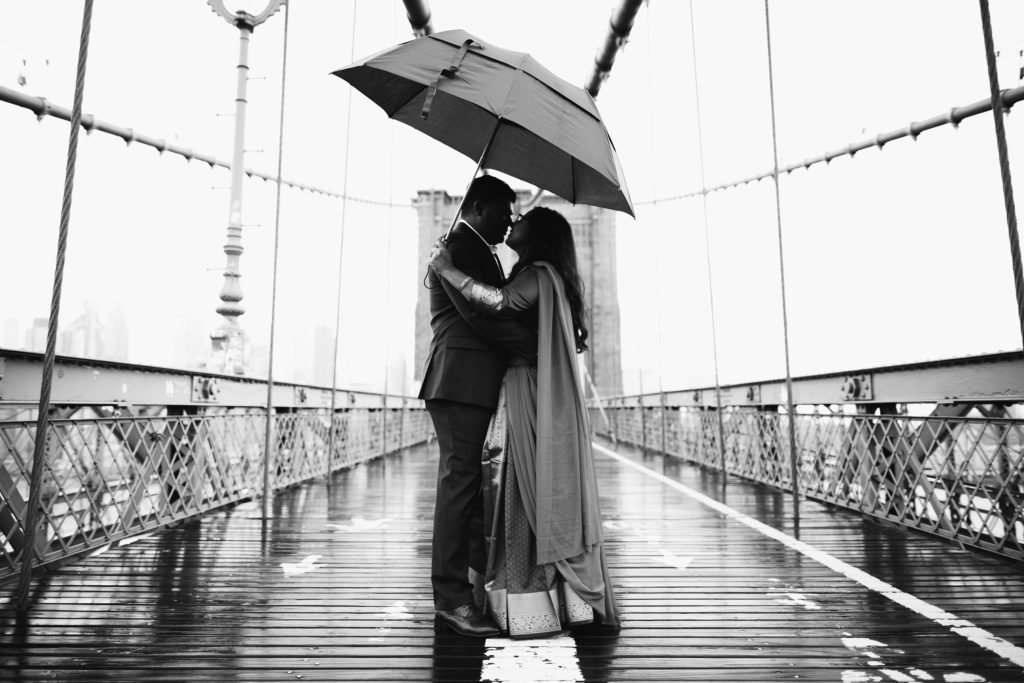 Colorful, Rainy Day Dumbo Engagement Photos in Brooklyn, NY