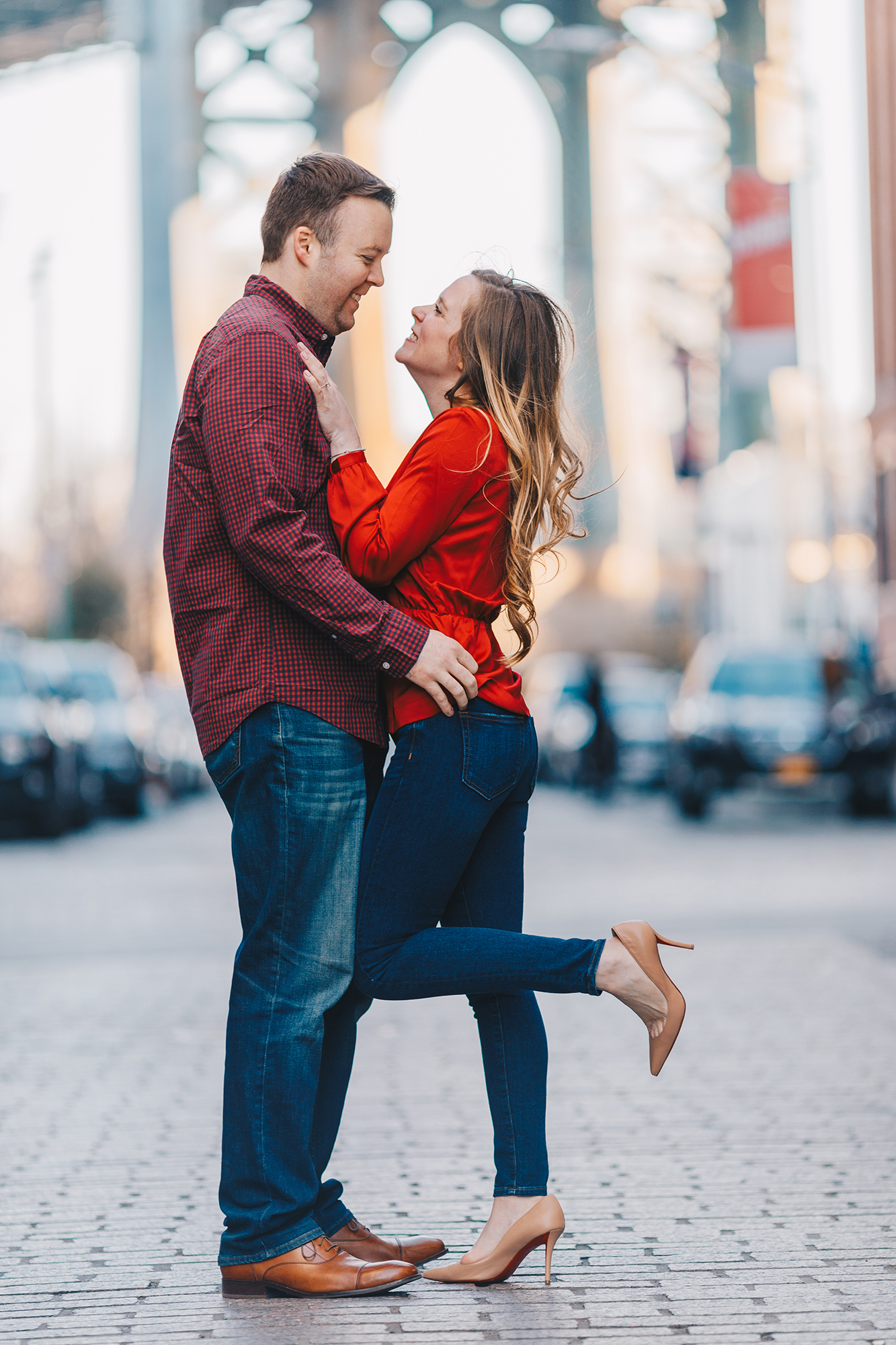 Beautiful Dumbo engagement photos with hair and makeup in NY