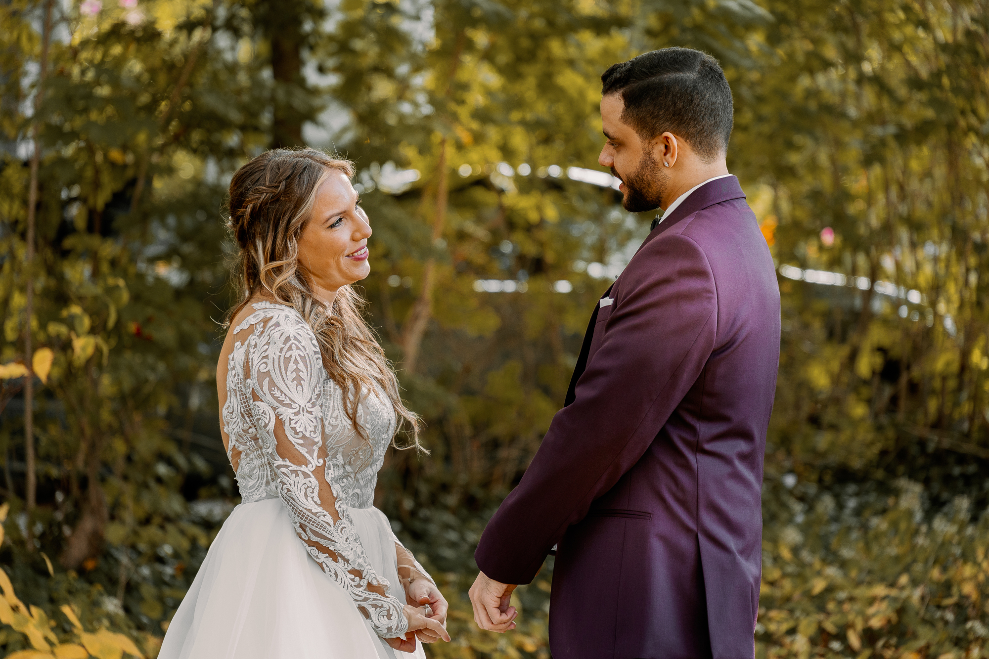 Fall backyard wedding with bride and groom in New York