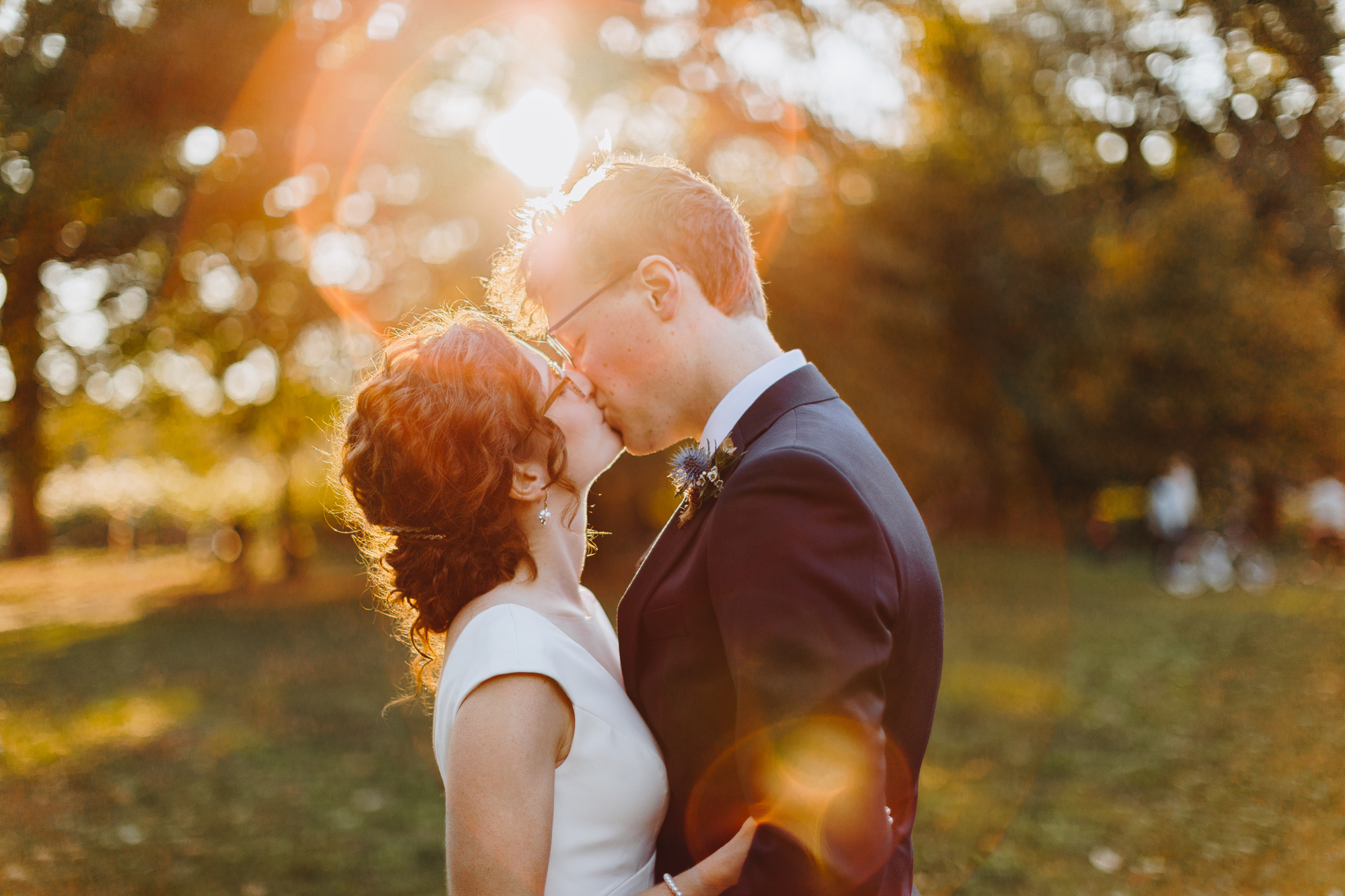 Romantic golden hour wedding photos in Prospect Park during the fall