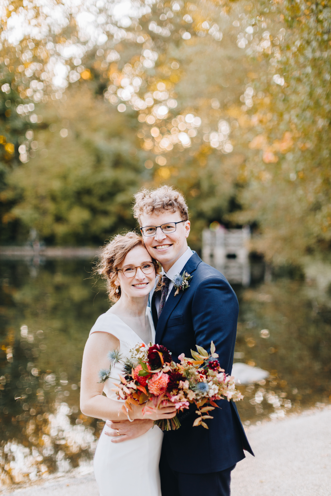 Prospect Park boathouse wedding photos with orange leaves