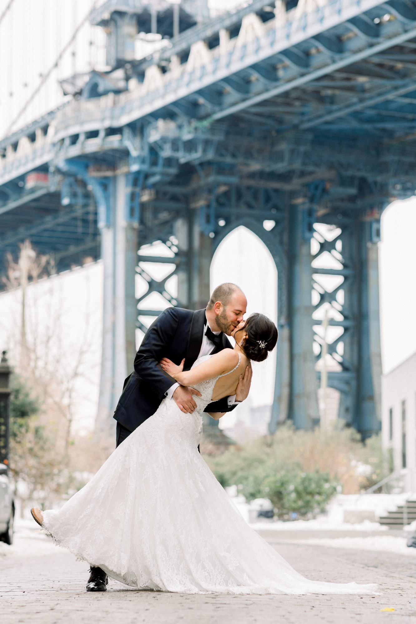 Dumbo wedding photos on Washington Street with Manhattan Bridge view