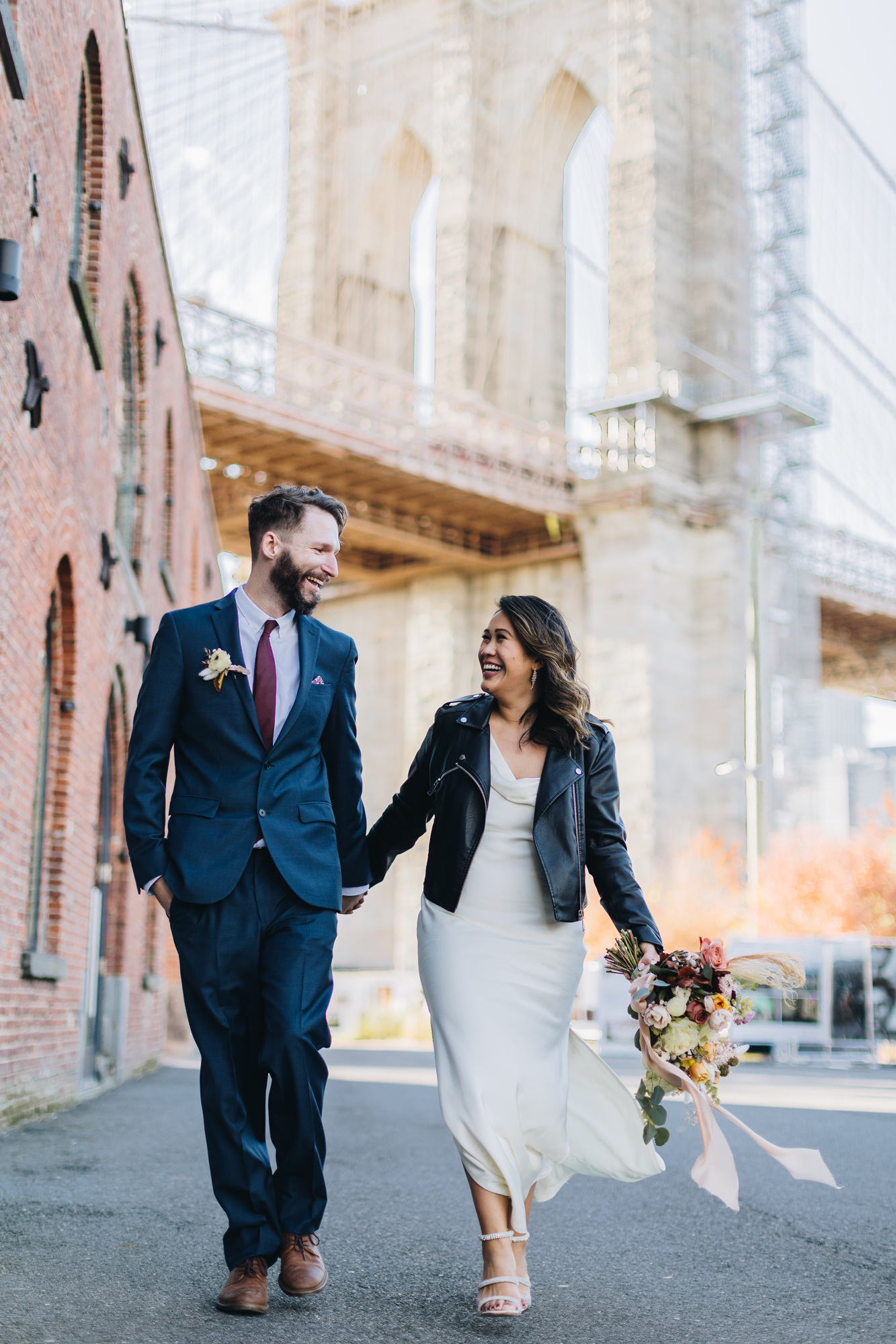 Dumbo Brooklyn elopement photos with Brooklyn Bridge in the background