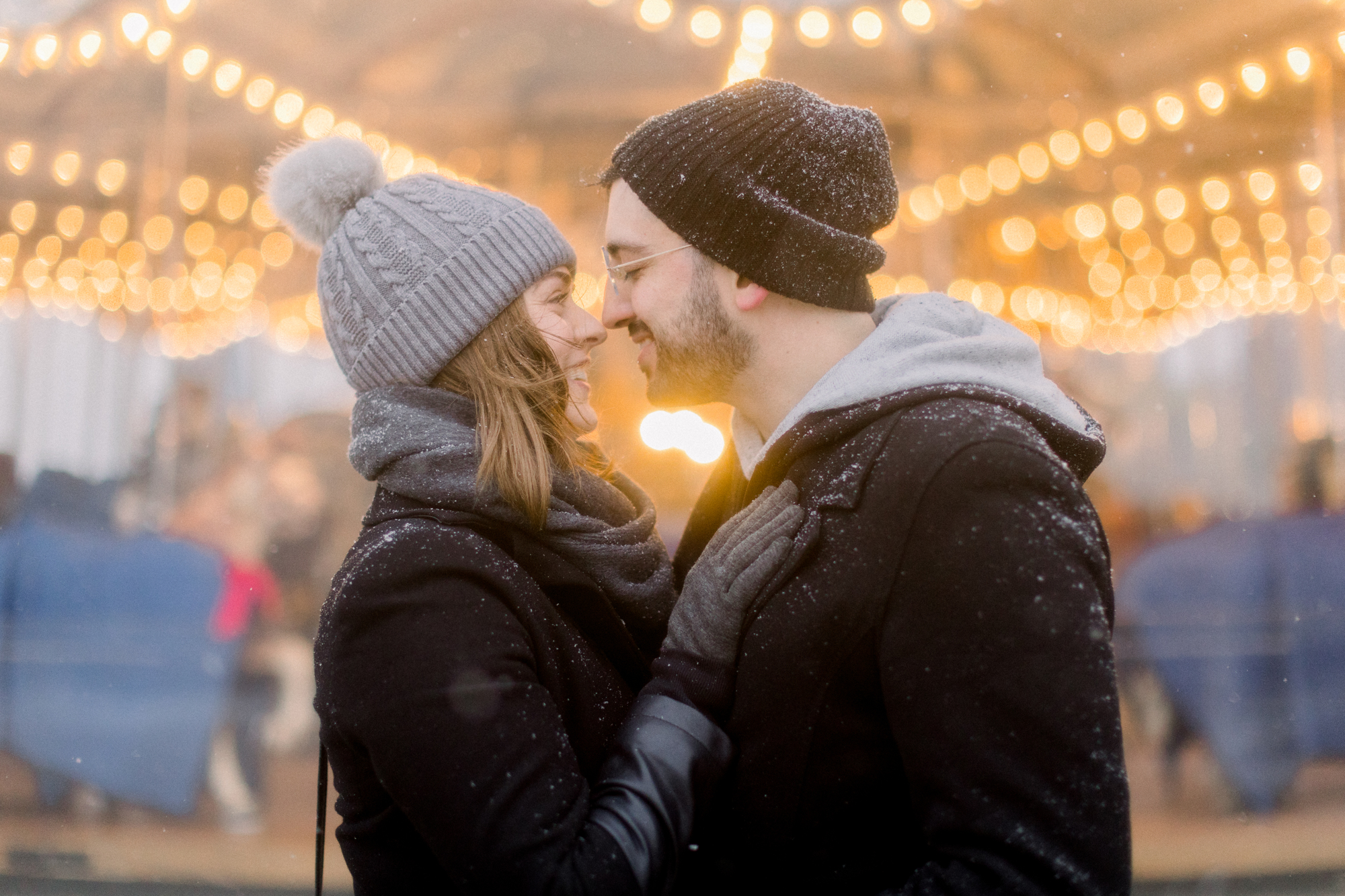 Snowy engagement photos at Jane's Carousel