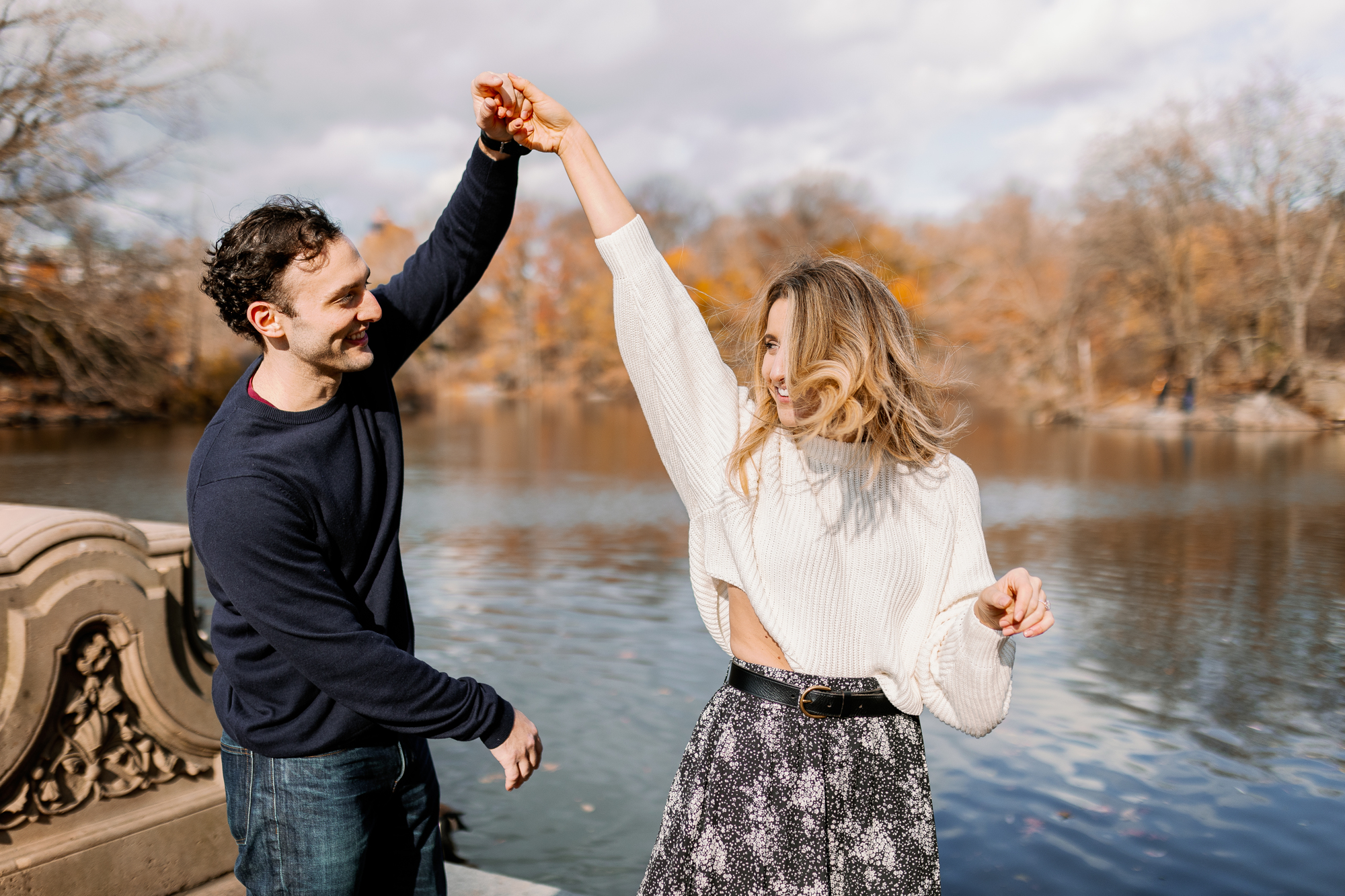Fall at Central Park pond engagement photos