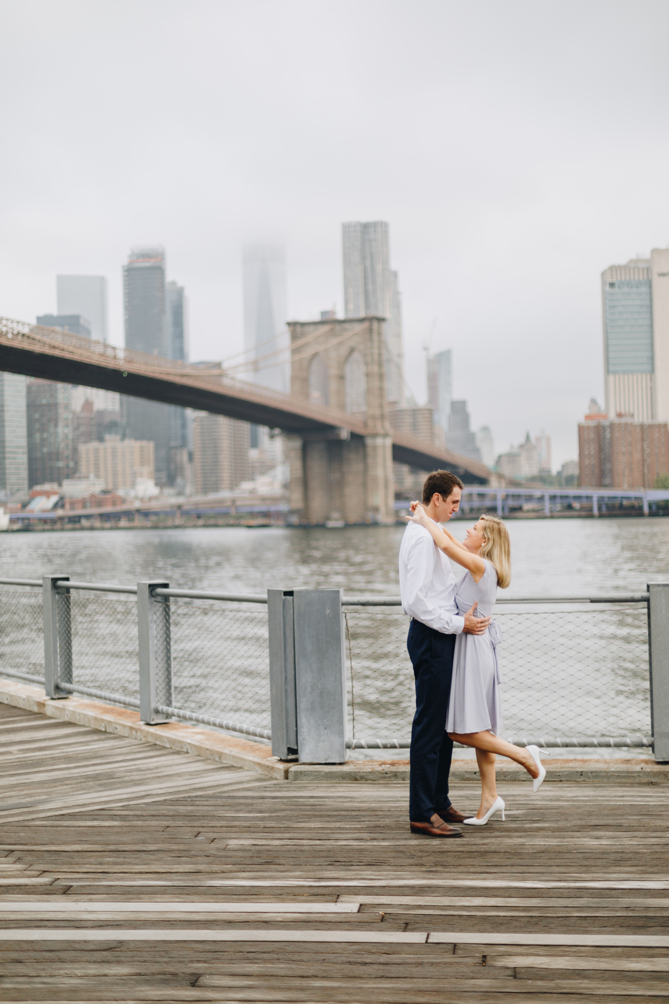 Brooklyn Bridge Park engagement photos on a rainy morning