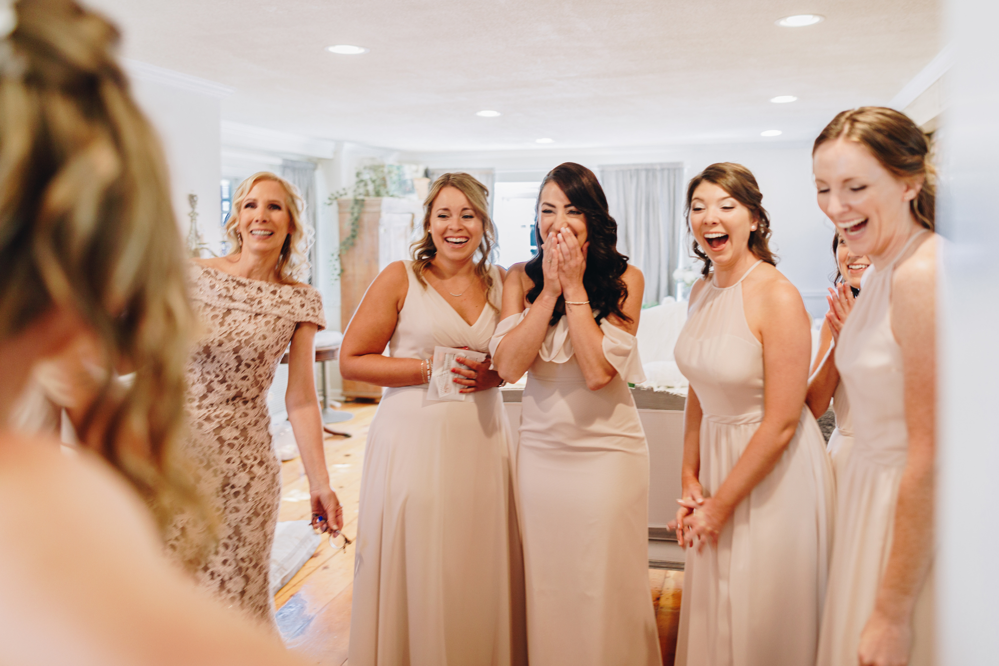 Bridesmaid first look reaction at a Long Island backyard wedding