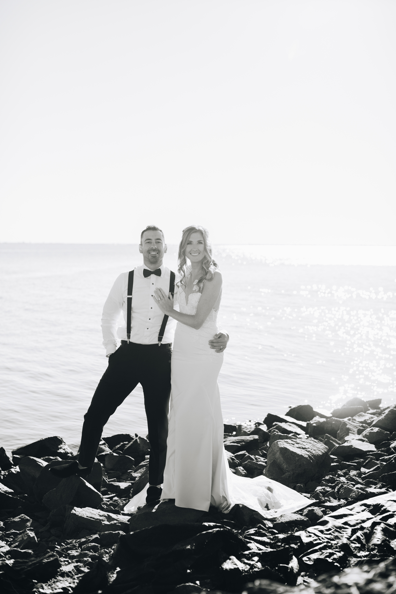 Romantic Long Island rocky beach wedding photos