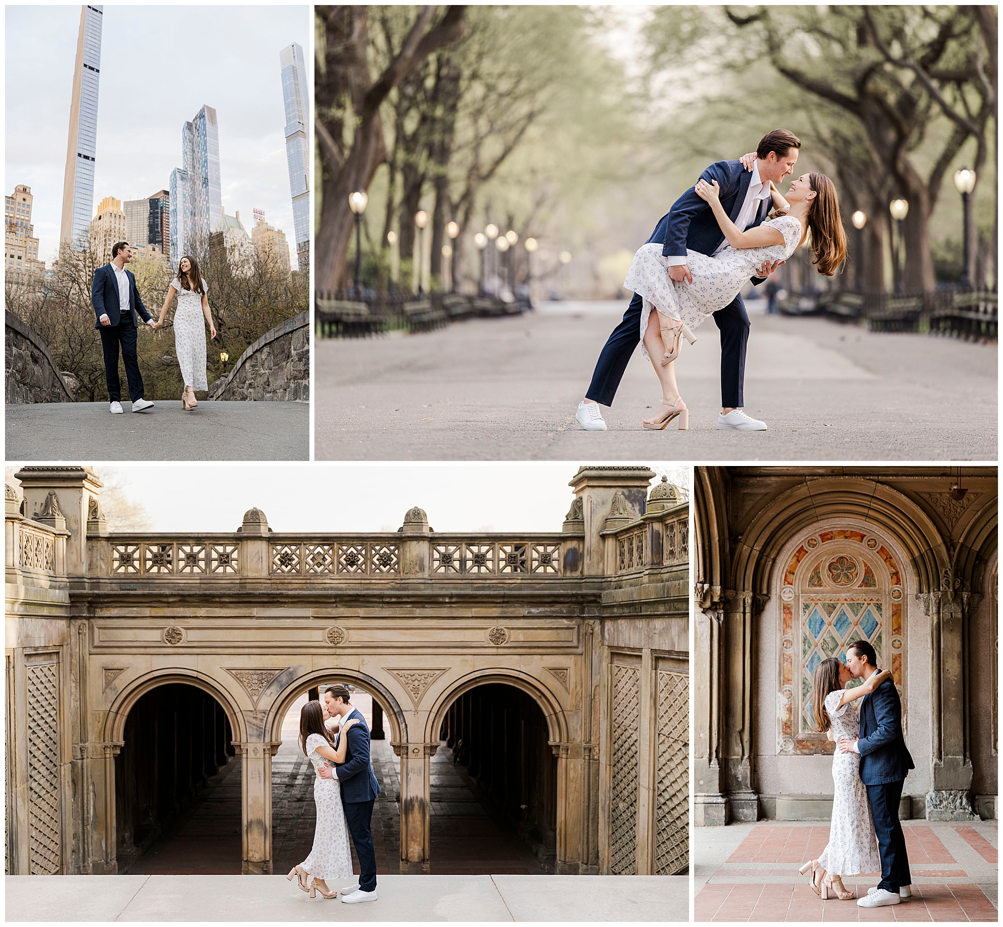 A couple poses for Central Park engagement photos, holding hands, dancing, and embracing among greenery, city buildings, and ornate architectural backgrounds.