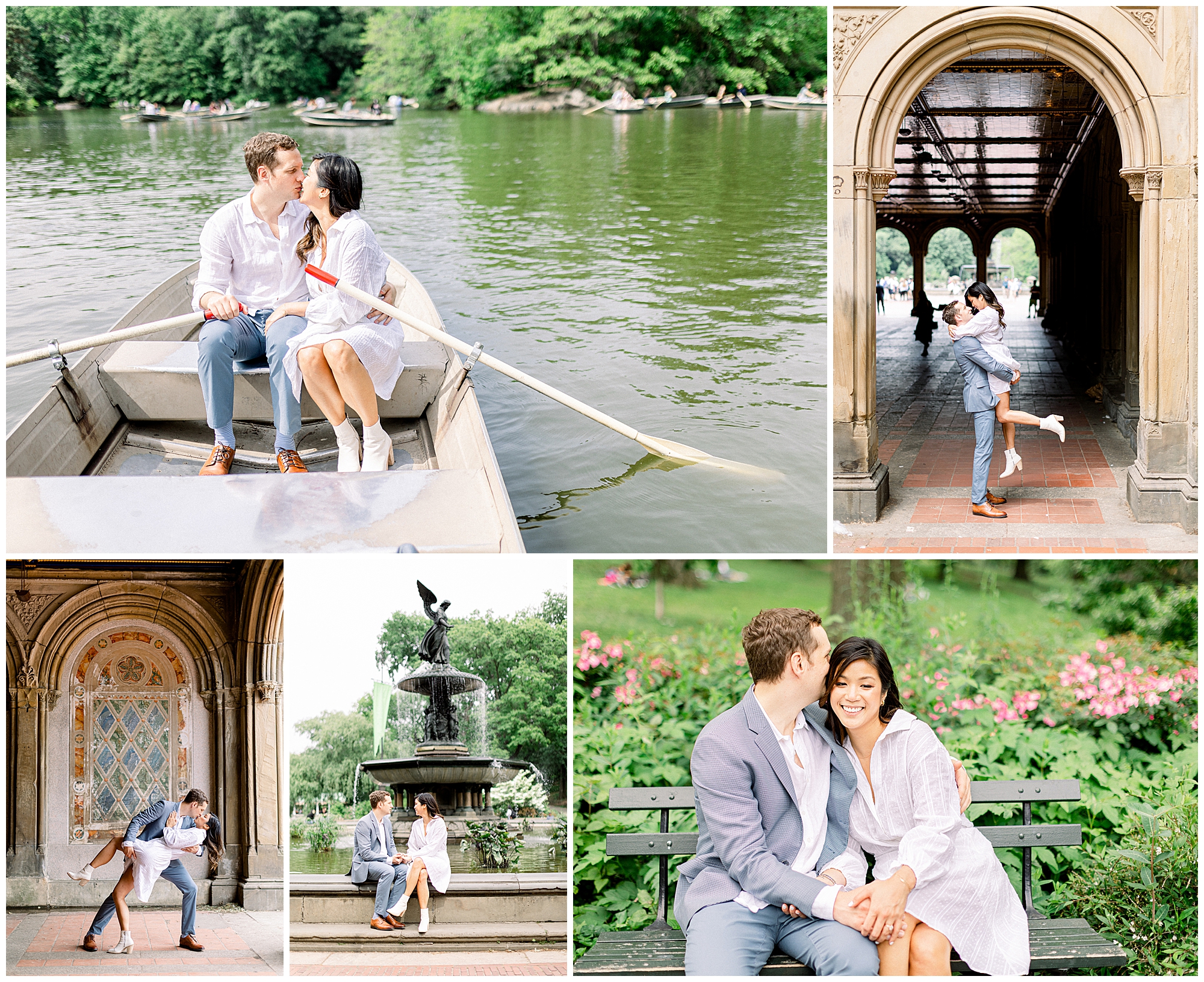 A couple enjoys a romantic day in Central Park: rowing a boat, sitting on a bench, and posing together under archways and by a fountain for their Central Park engagement photos, smiling and embracing among greenery and flowers.