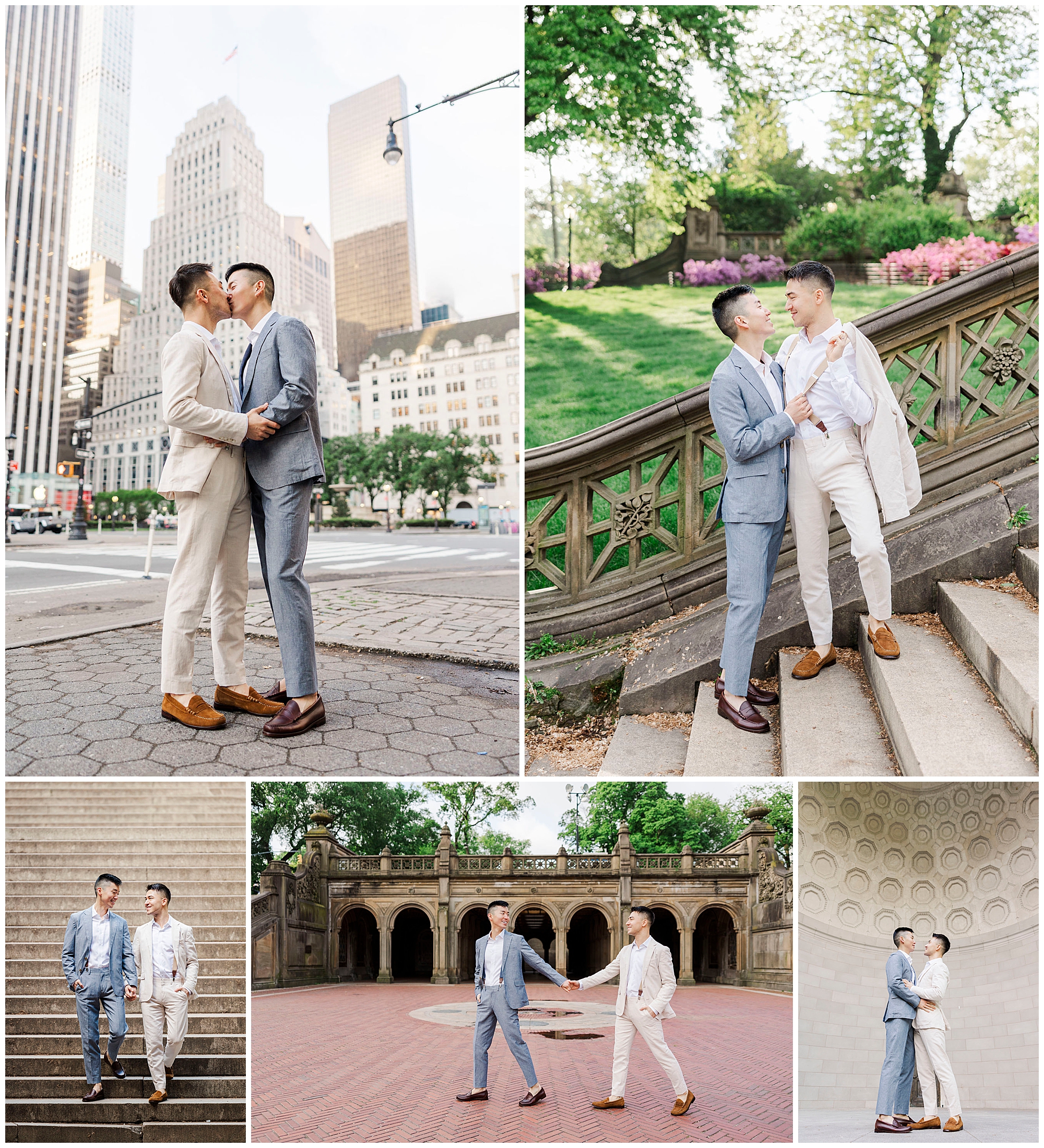 A couple in light suits shares affectionate moments and walks together at various outdoor locations, including city streets, stairs, and scenic spots perfect for Central Park engagement photos, posing amidst urban and natural backdrops.