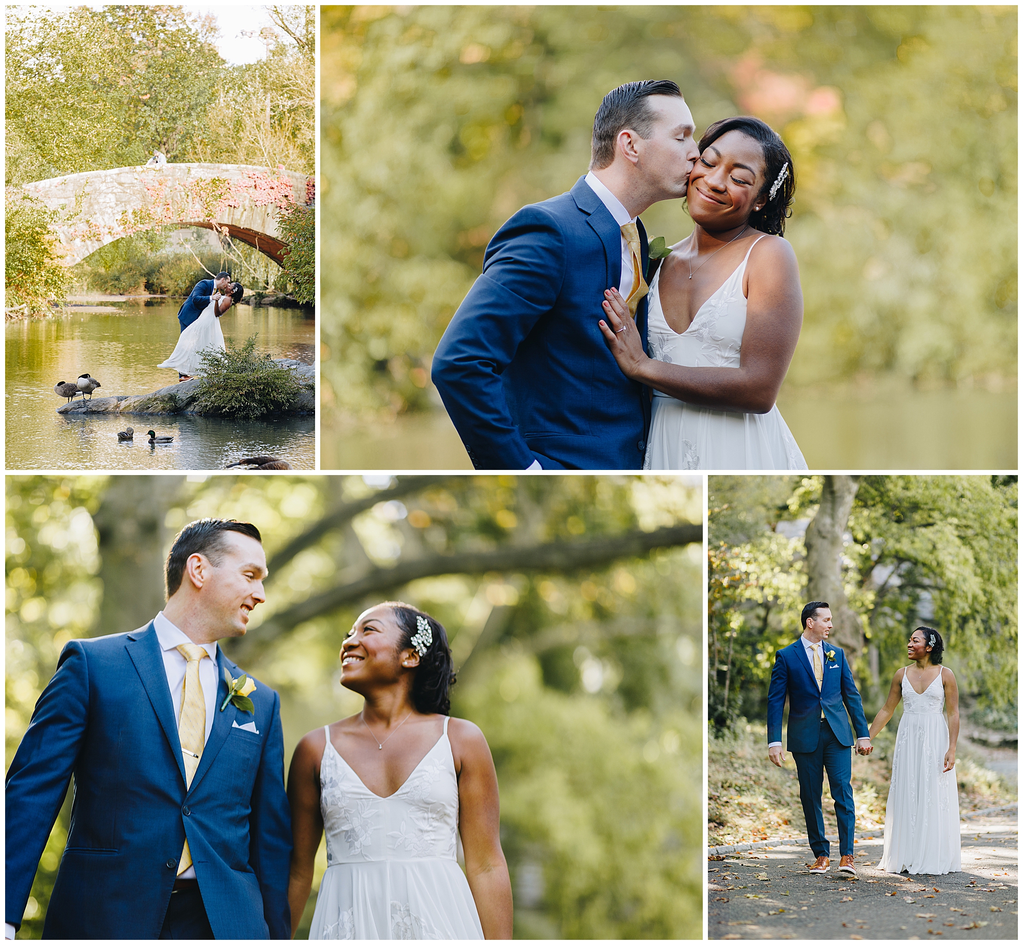 A collage of four outdoor wedding photos: a couple poses on a stone bridge, sharing moments from their Wagner Cove elopement as the groom kisses the bride’s cheek, they smile at each other, and walk hand in hand along a sunlit, tree-lined path.