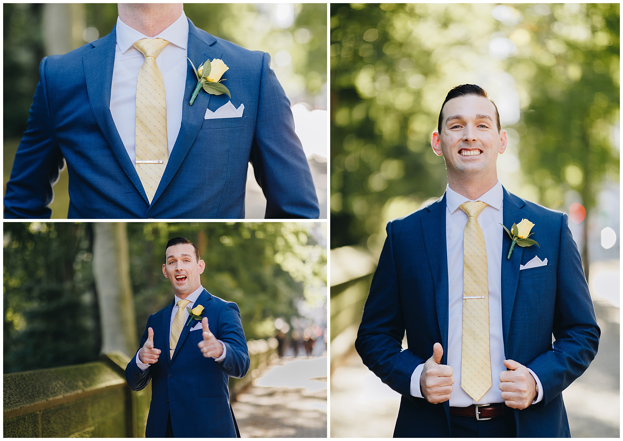 A man in a blue suit with a yellow tie and rose boutonniere poses confidently outdoors at his Wagner Cove elopement, smiling, giving thumbs up, and pointing playfully in a collage of three photos.