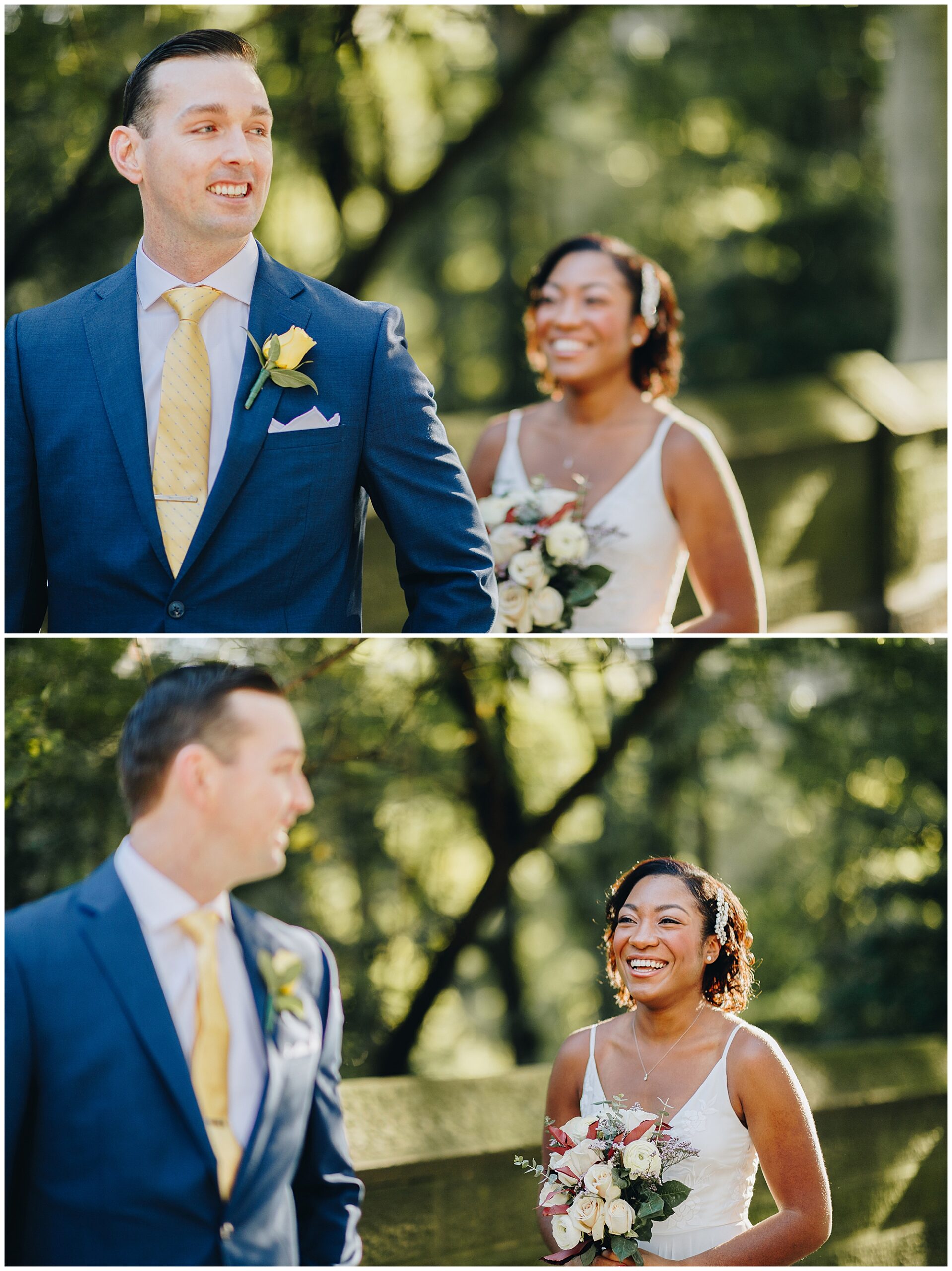 Two wedding photos: In both, a groom in a blue suit with a yellow tie stands in the foreground, while a smiling bride in a white dress holding a bouquet stands behind him outdoors at their Wagner Cove elopement, surrounded by greenery.