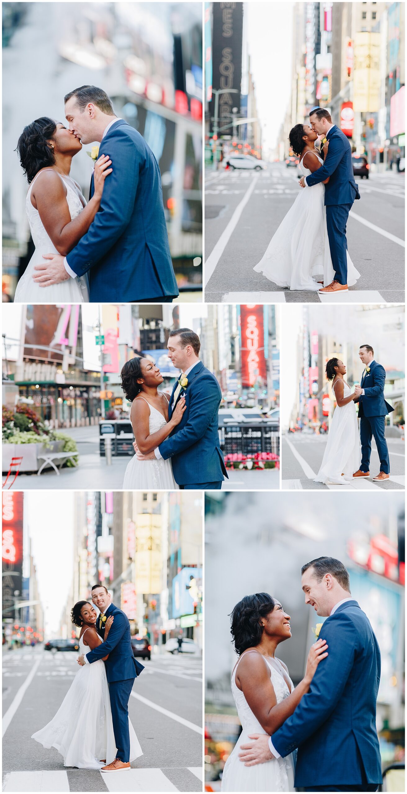 A newlywed couple in wedding attire embraces and smiles at each other in the middle of an empty Times Square, capturing the same joyful, romantic spirit as a Wagner Cove elopement in New York City.