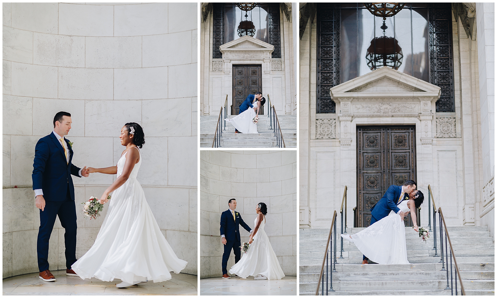 A collage of wedding photos shows a bride and groom in elegant attire dancing and embracing on marble steps, evoking the romance of a Wagner Cove elopement, with a grand building entrance in the background.