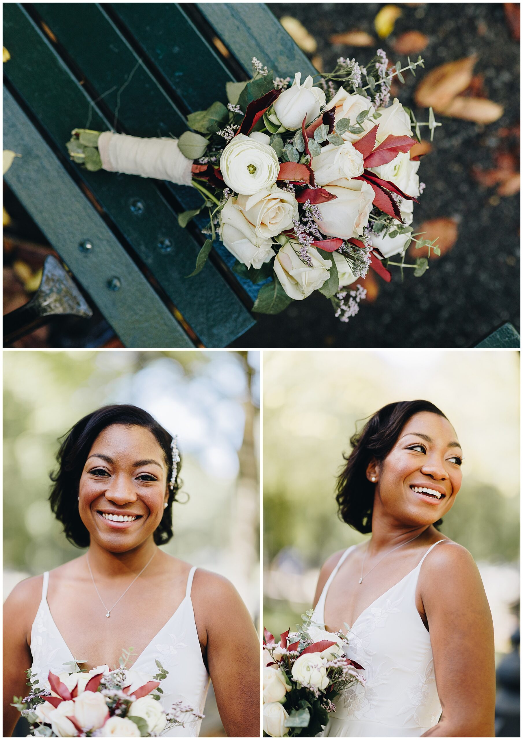 A collage shows a bridal bouquet of white roses and greenery on a bench, and two photos of a smiling bride outdoors at her Wagner Cove elopement, holding the bouquet and wearing a white dress with delicate straps.