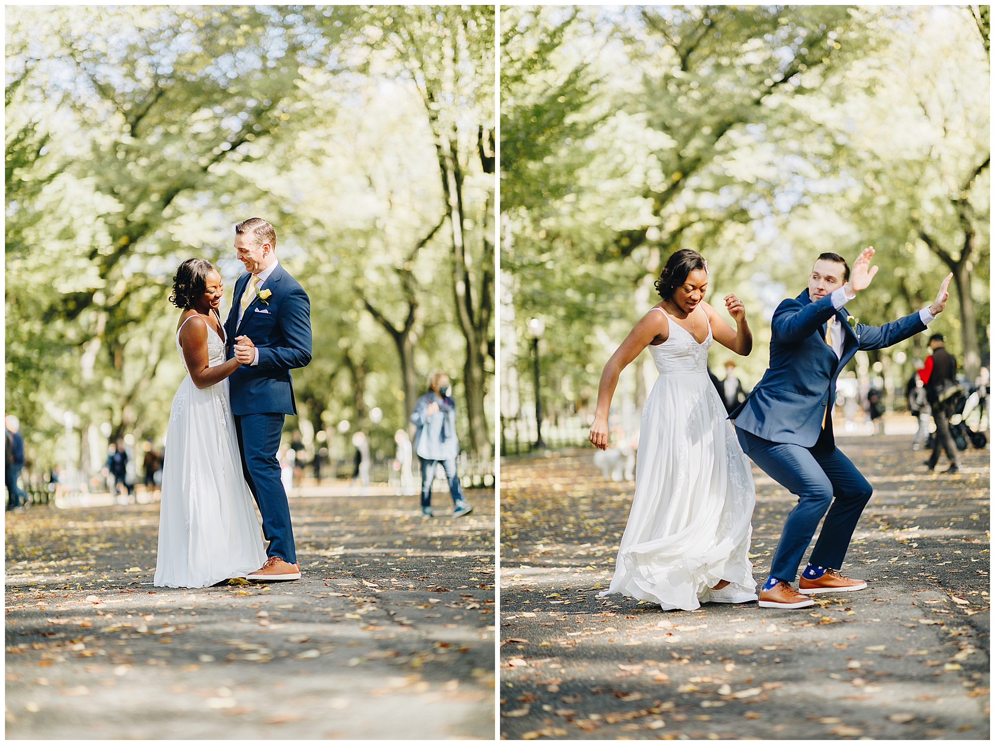 Split image: On the left, a bride and groom smile and embrace outdoors under leafy trees at their Wagner Cove elopement. On the right, they laugh and dance playfully, with the bride lifting her dress and the groom raising his arms.