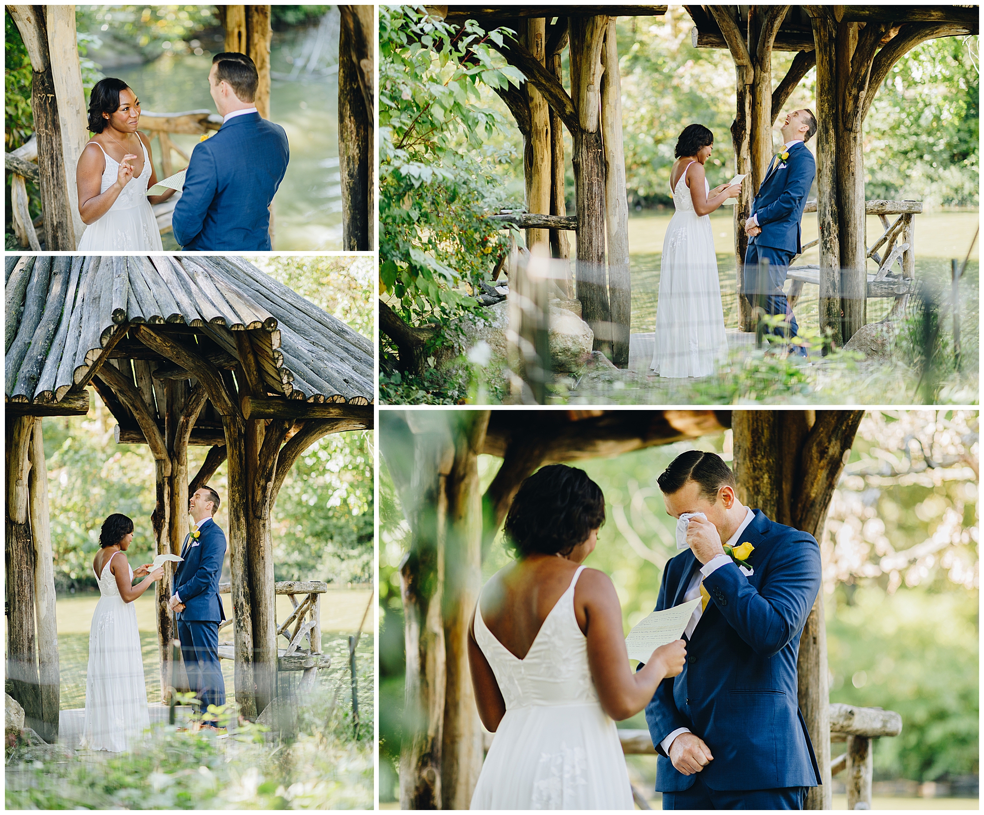 A bride and groom exchange vows under a rustic wooden gazebo in a lush garden during their Wagner Cove elopement. The bride reads from a paper while the groom wipes away tears, both dressed formally and surrounded by greenery.