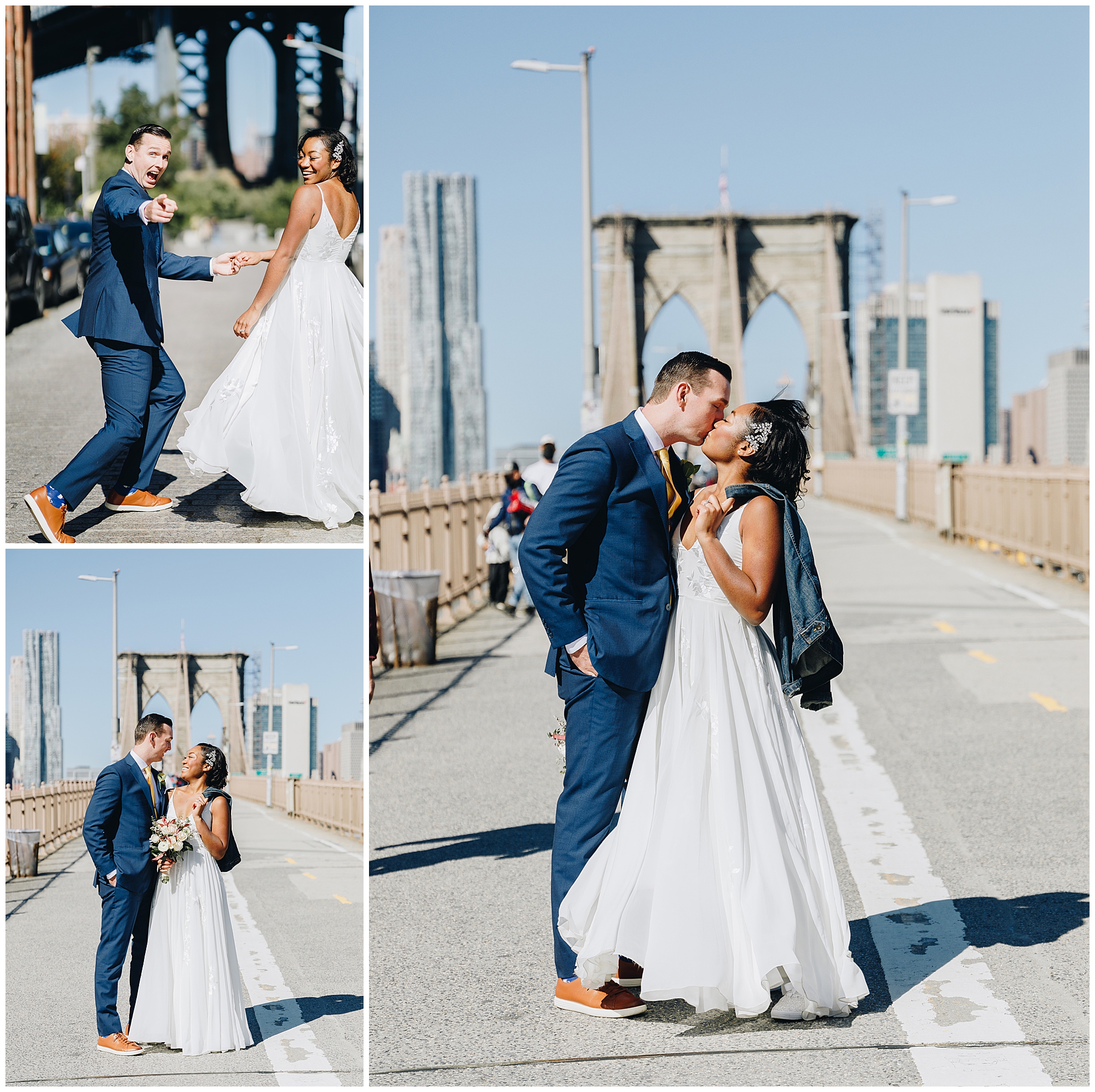 A bride and groom in wedding attire pose and dance joyfully on the Brooklyn Bridge and nearby streets, their happiness echoing the romance of a Wagner Cove elopement, with city buildings and bridge arches visible on a sunny day.