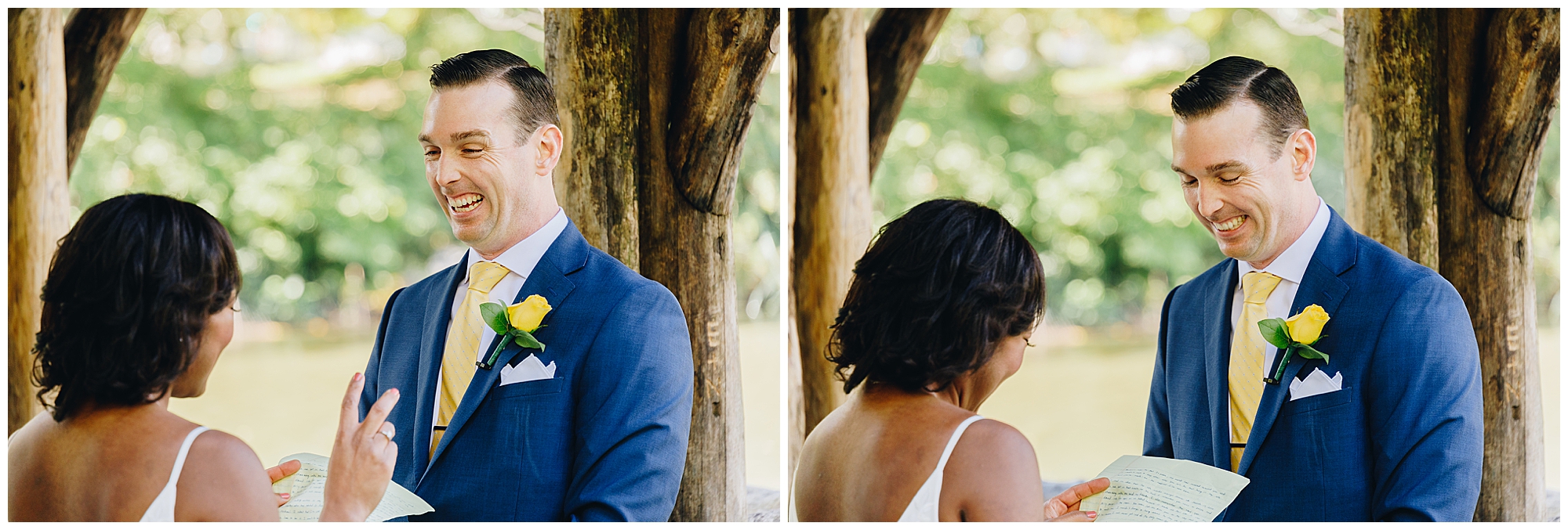 Two-panel image of a wedding ceremony outdoors. During their Wagner Cove elopement, a groom in a blue suit with a yellow tie smiles joyfully at the bride, who is holding and reading vows as trees and sunlight fill the background.