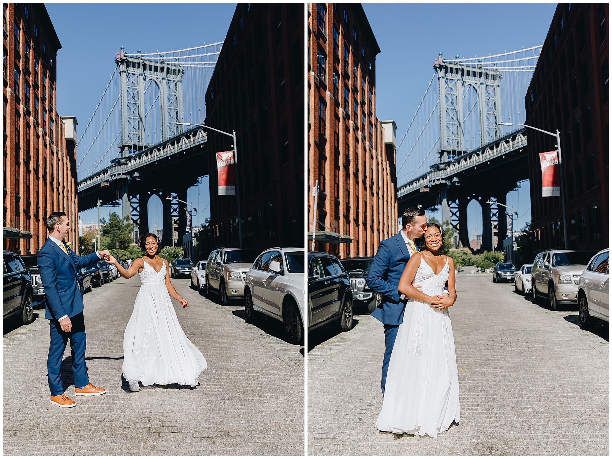 Two photos side by side show a couple in wedding attire on a city street with the Manhattan Bridge in the background, capturing the same joy and romance you’d find at a Wagner Cove elopement. The bride smiles and twirls as the groom embraces her.