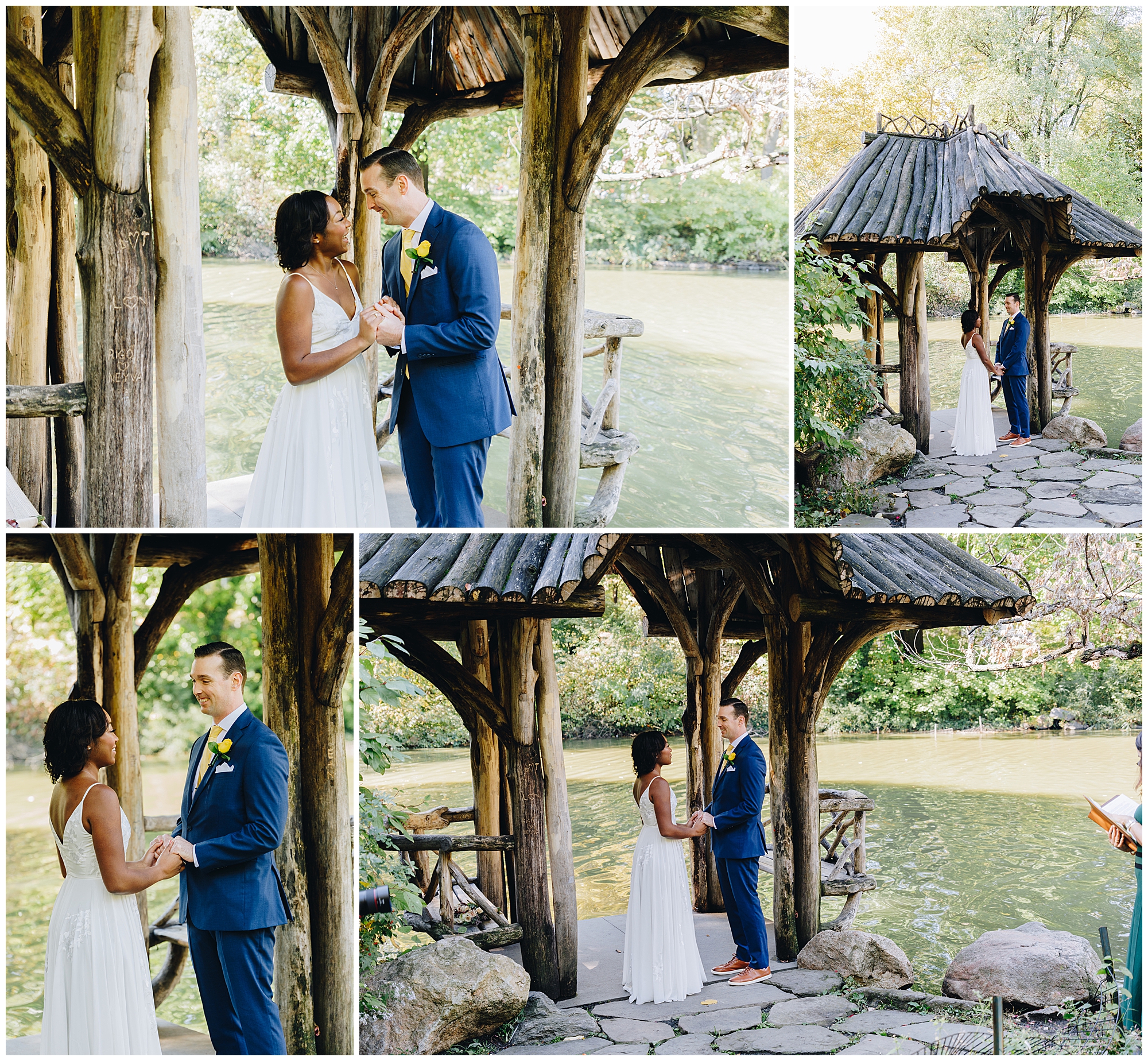 A couple stands under a rustic wooden gazebo by a pond, holding hands and exchanging vows in a romantic Wagner Cove elopement surrounded by lush greenery.