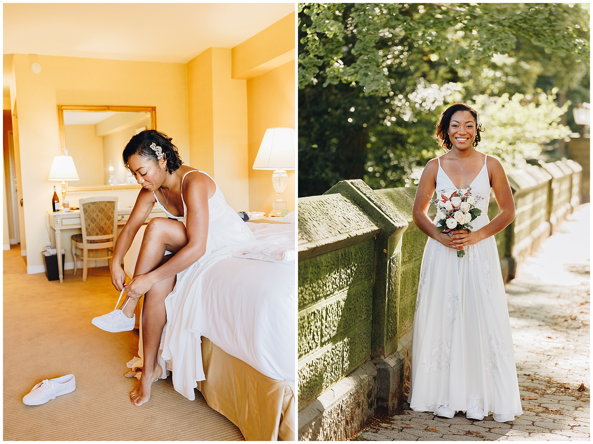 A bride sits on a hotel bed putting on her shoes before her Wagner Cove elopement, then smiles outdoors in her wedding dress holding a bouquet in the second photo.