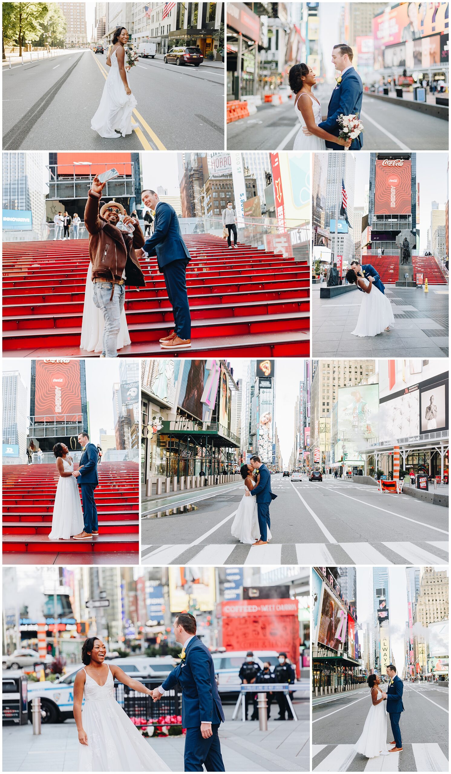 A bride and groom celebrate their wedding in Times Square, New York City, bringing the romance of a Wagner Cove elopement to the city streets as they pose, dance, and laugh together on the red stairs amid glowing billboards.