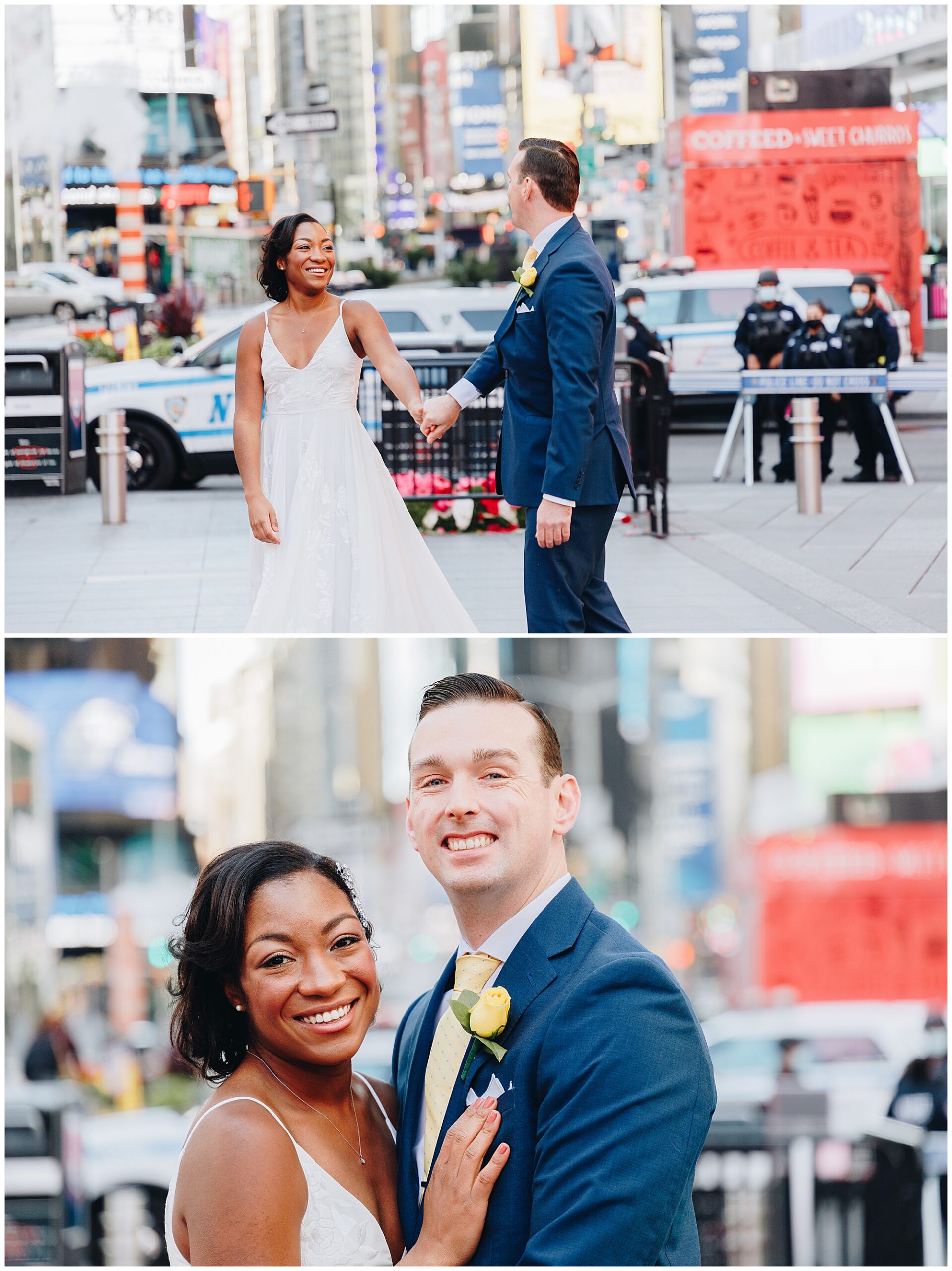 A smiling bride and groom hold hands and pose in a busy city square, with police and signs in the background. In the second image, they share a joyful moment reminiscent of their Wagner Cove elopement, smiling happily at the camera.