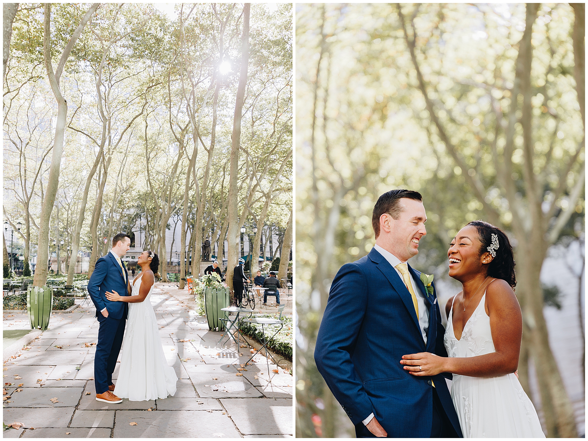 A bride and groom stand together, smiling and embracing in a sunlit park surrounded by tall trees. In one photo, they hold each other; in the other, they laugh together, savoring their Wagner Cove elopement outdoors.
