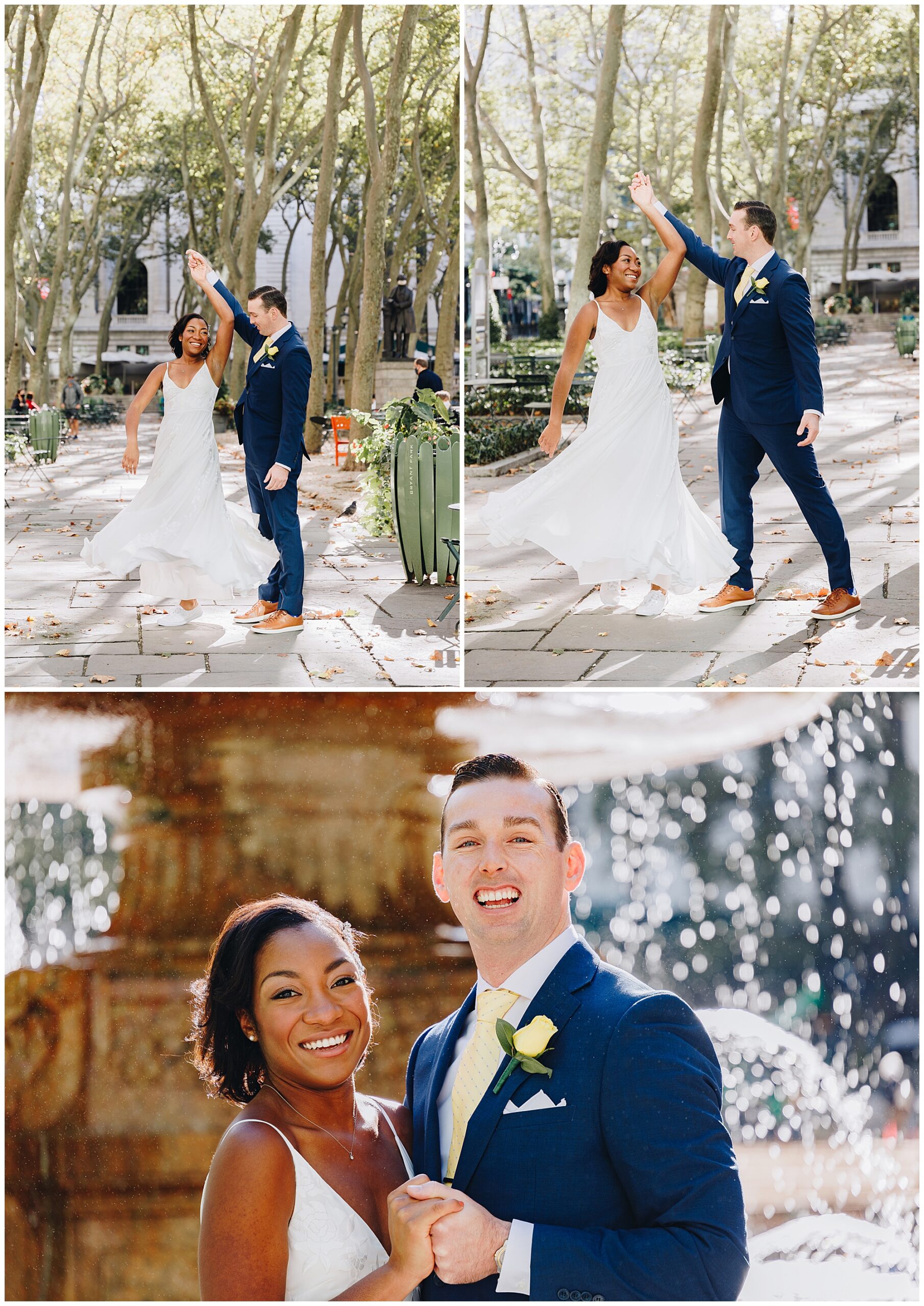 A joyful couple in wedding attire dances outdoors among trees during their Wagner Cove elopement, then stands smiling together in front of a sparkling fountain.