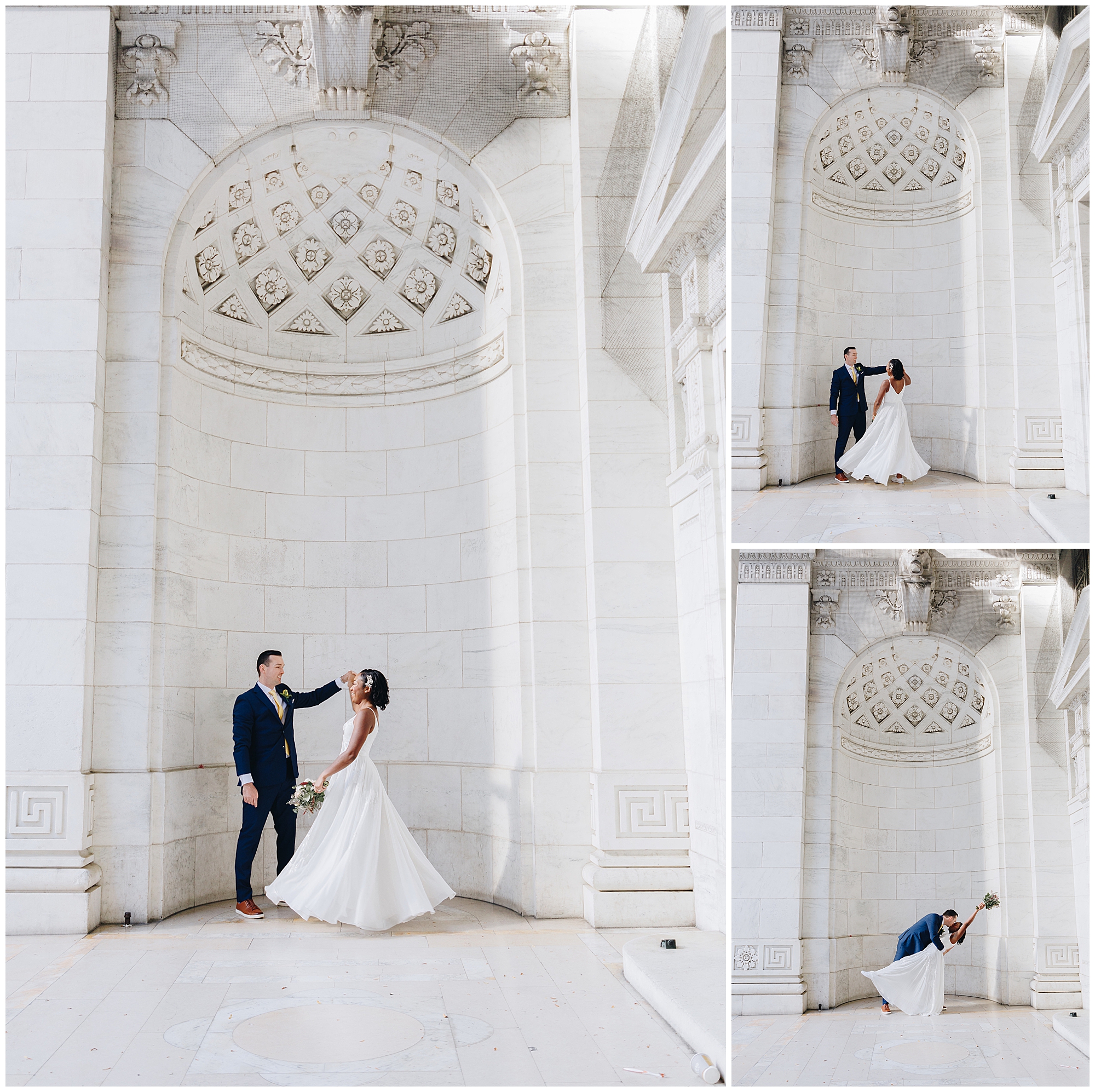 A bride in a white gown and a groom in a navy suit dance and pose playfully in a grand white marble hall, capturing the romance of their wagner cove elopement. Three photos showcase joyful dance moments and their loving connection.