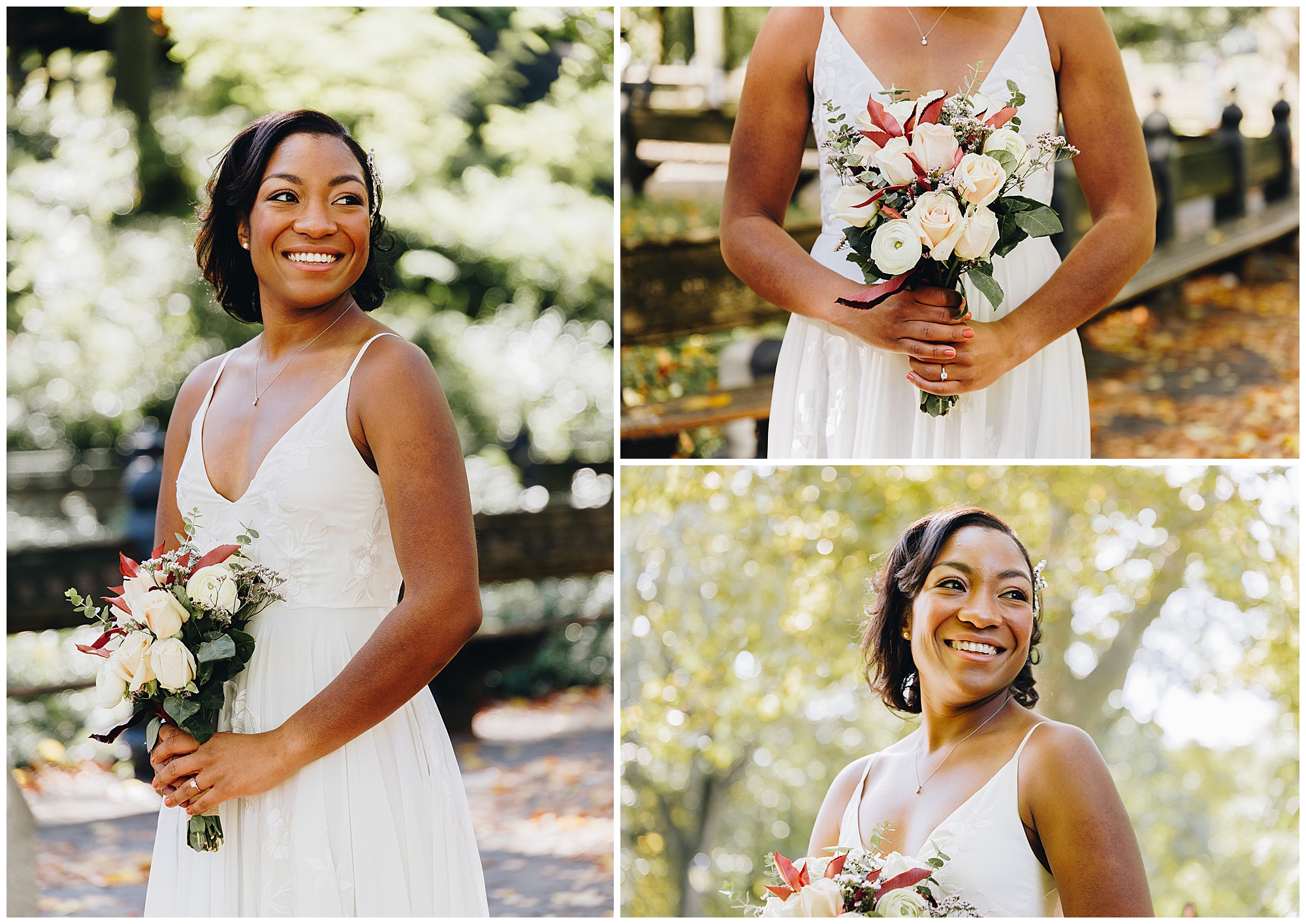 A woman in a white sleeveless dress holds a bouquet of flowers, smiling outdoors during her Wagner Cove elopement. The collage shows close-ups of her and the bouquet, with sunlight and greenery in the background.
