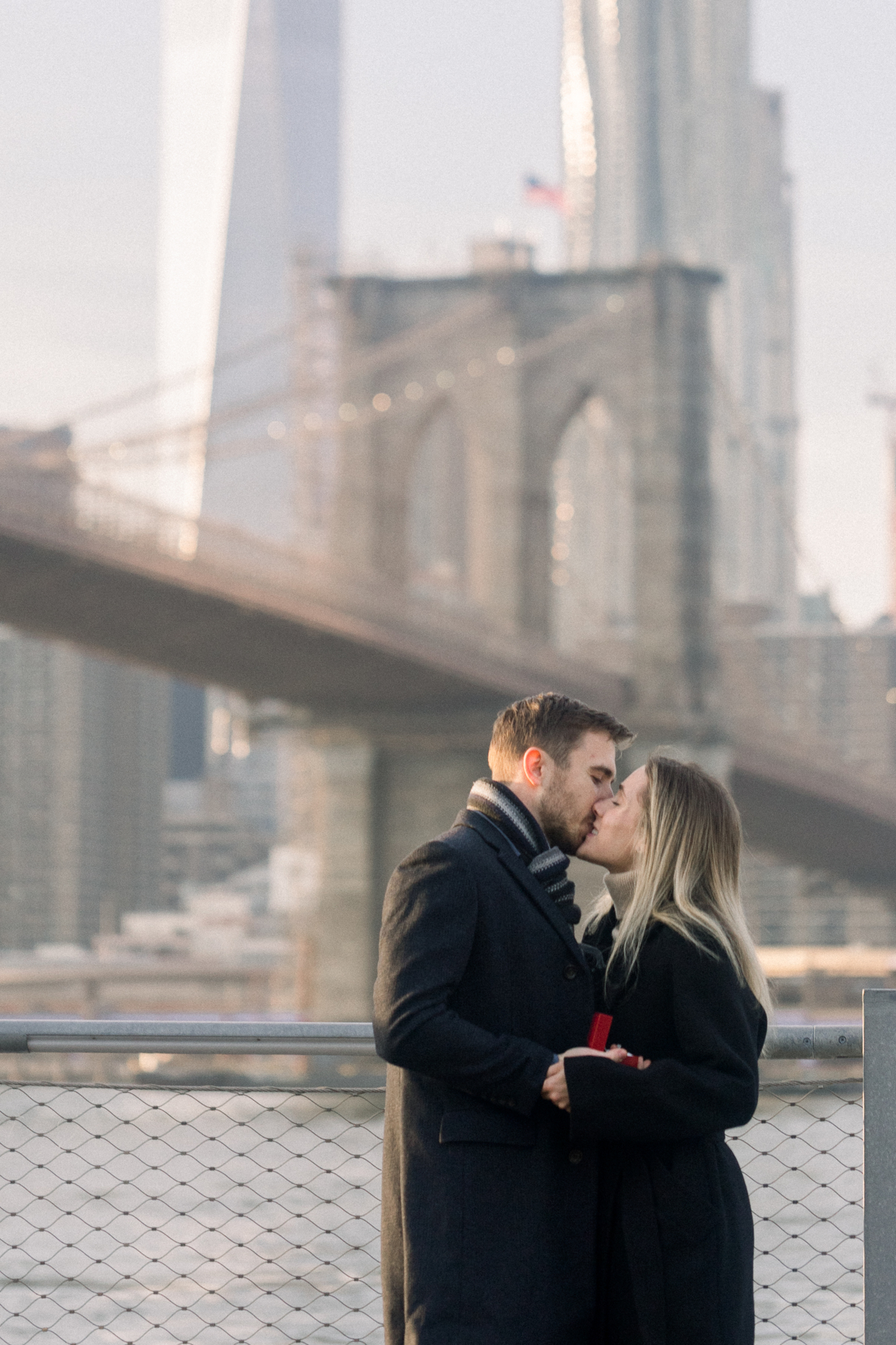 Evening Dumbo Proposal on the Manhattan Skyline in Brooklyn