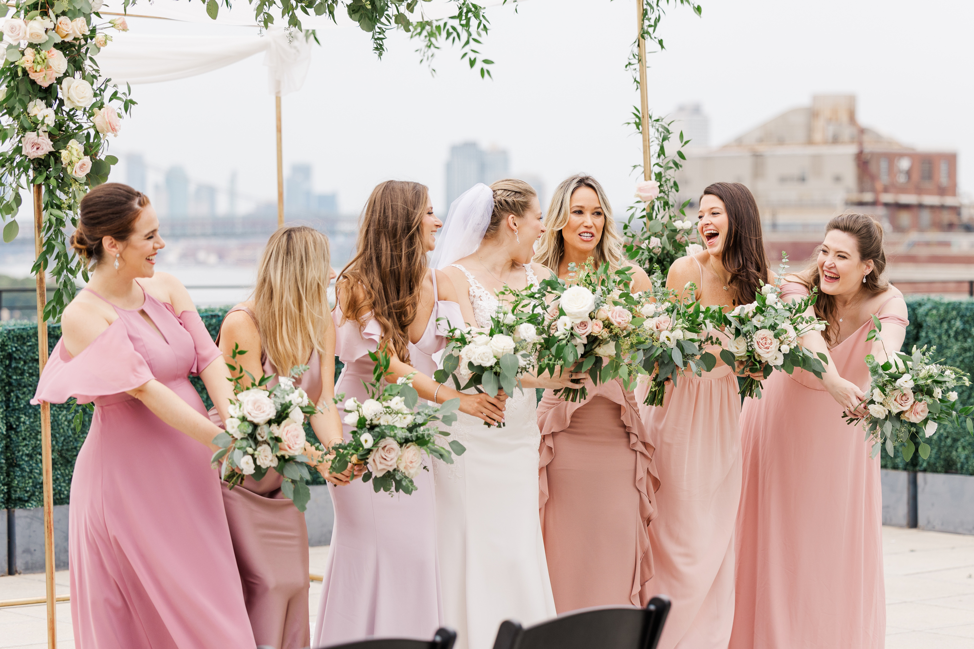 Colorful Brooklyn Wedding Photos at Bridgepoint Featuring the New York City Skyline 