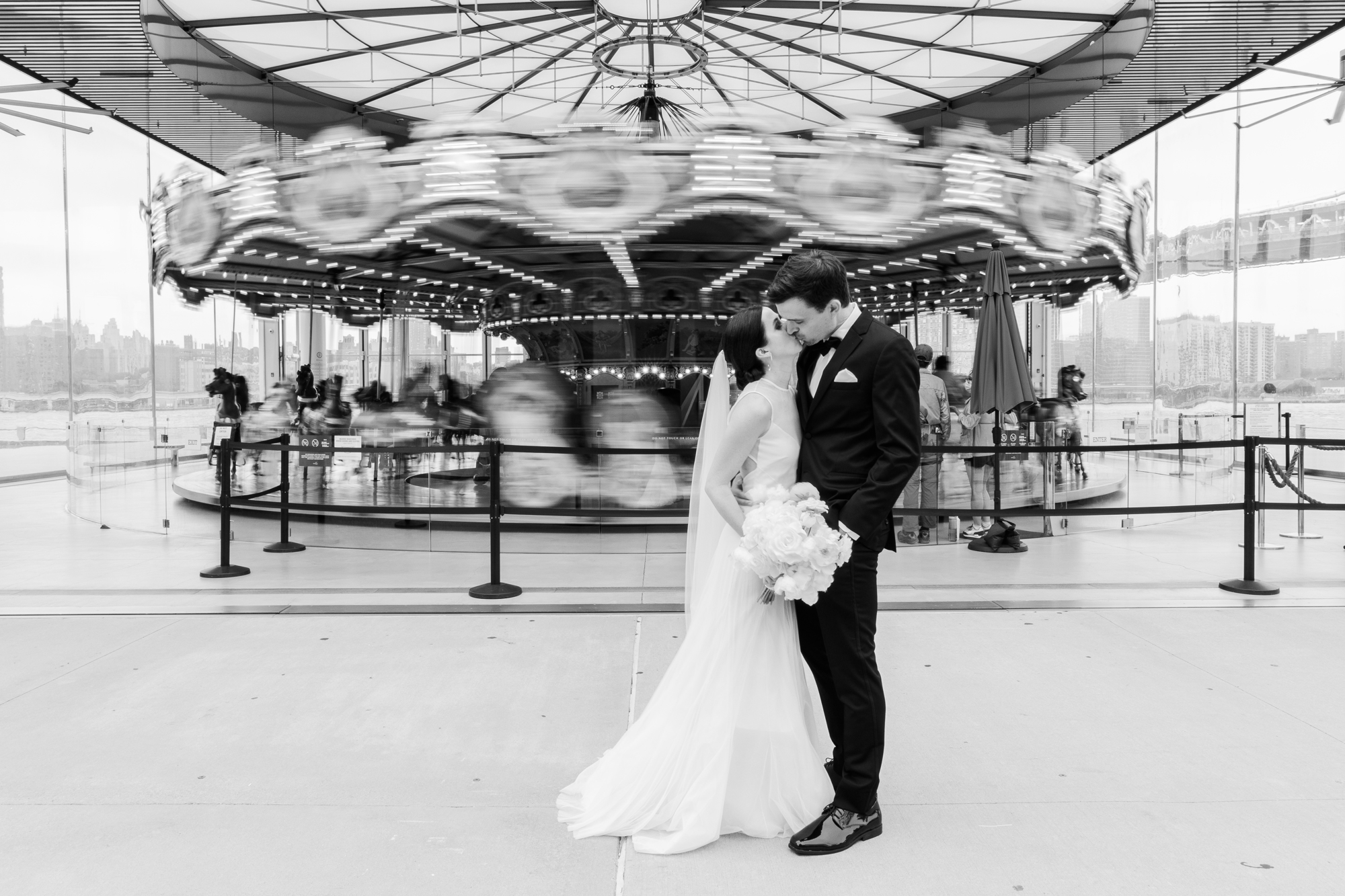 Black and white DUMBO, Brooklyn Wedding Photos at Smack Mellon and Jane's Carousel