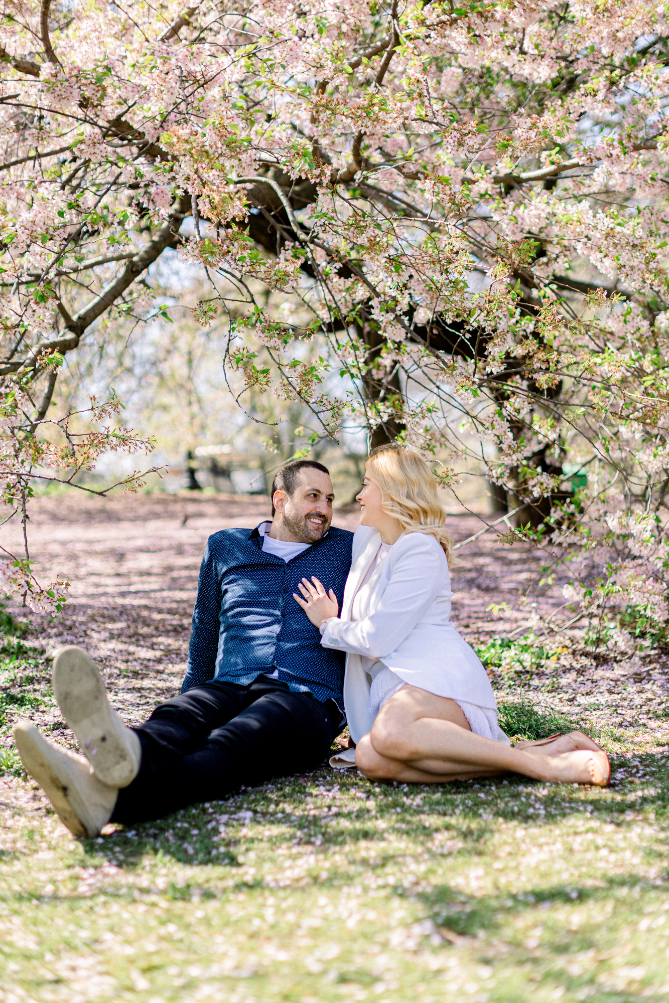 Bright NYC Engagement Photography with Spring Blossoms