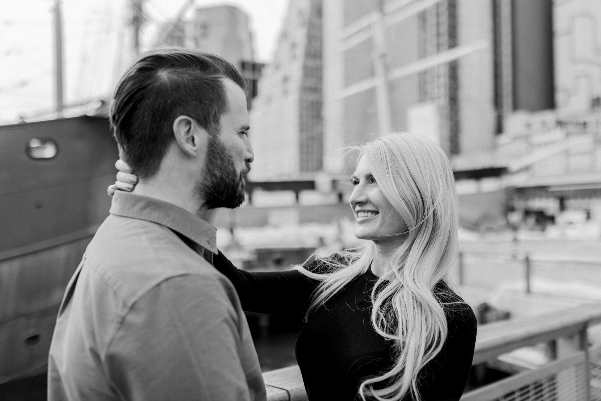 Black and White South Street Seaport Engagement Photos
