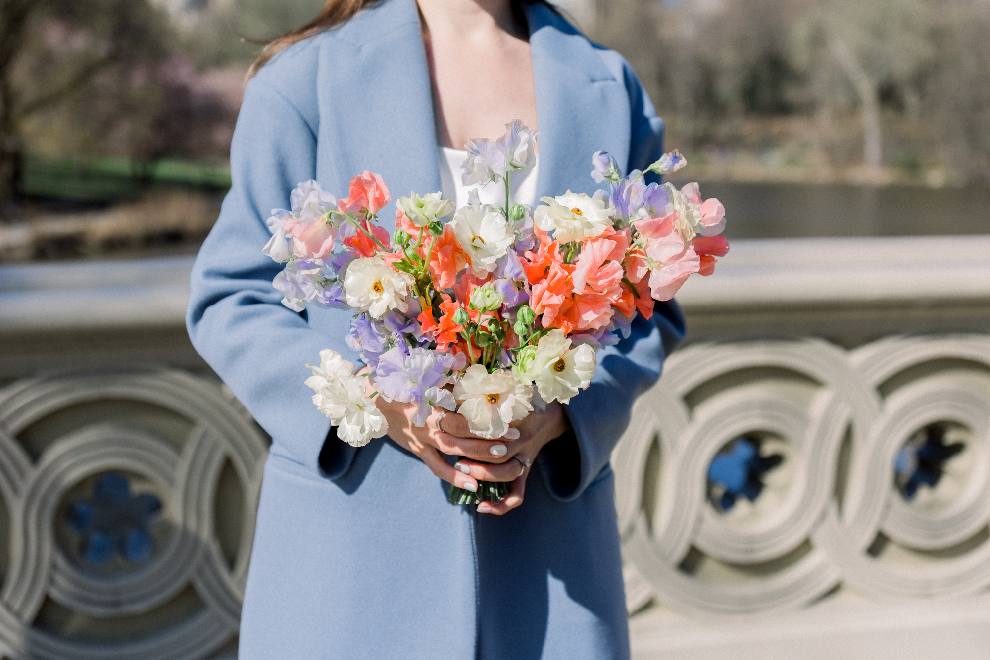 Stylish Spring Bow Bridge Wedding in Central Park Among the Cherry Blossoms