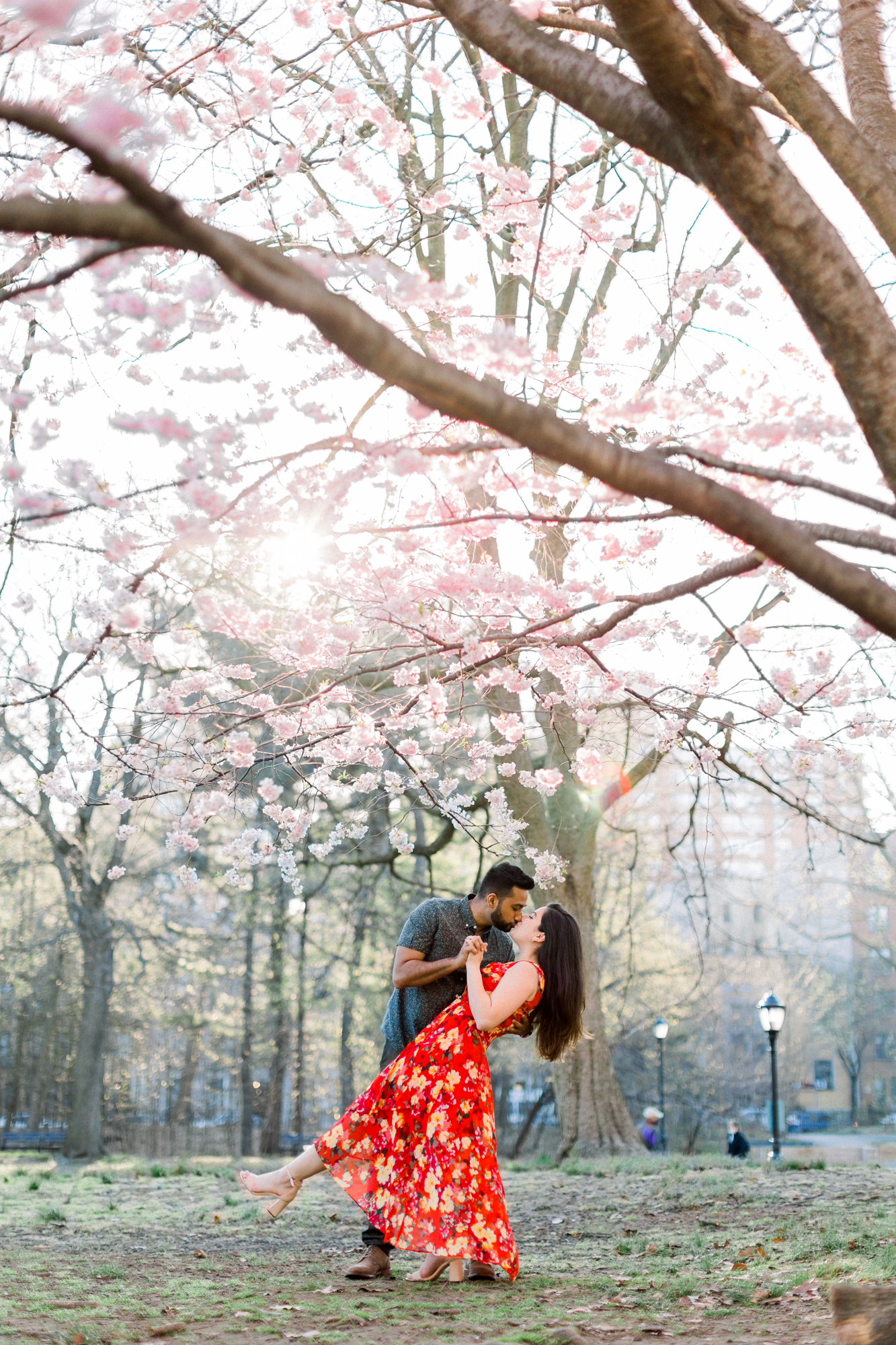 Picturesque New York Engagement Photography with Spring Blossoms