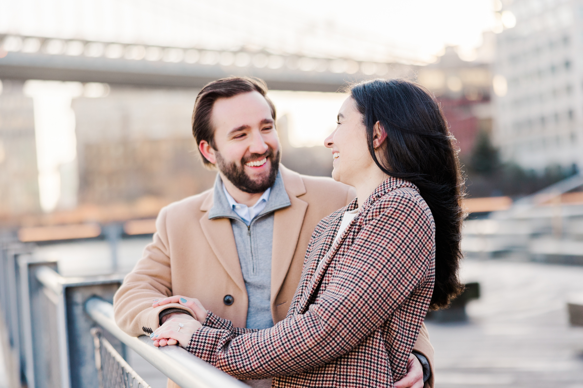Candid Winter Engagement Photos in DUMBO