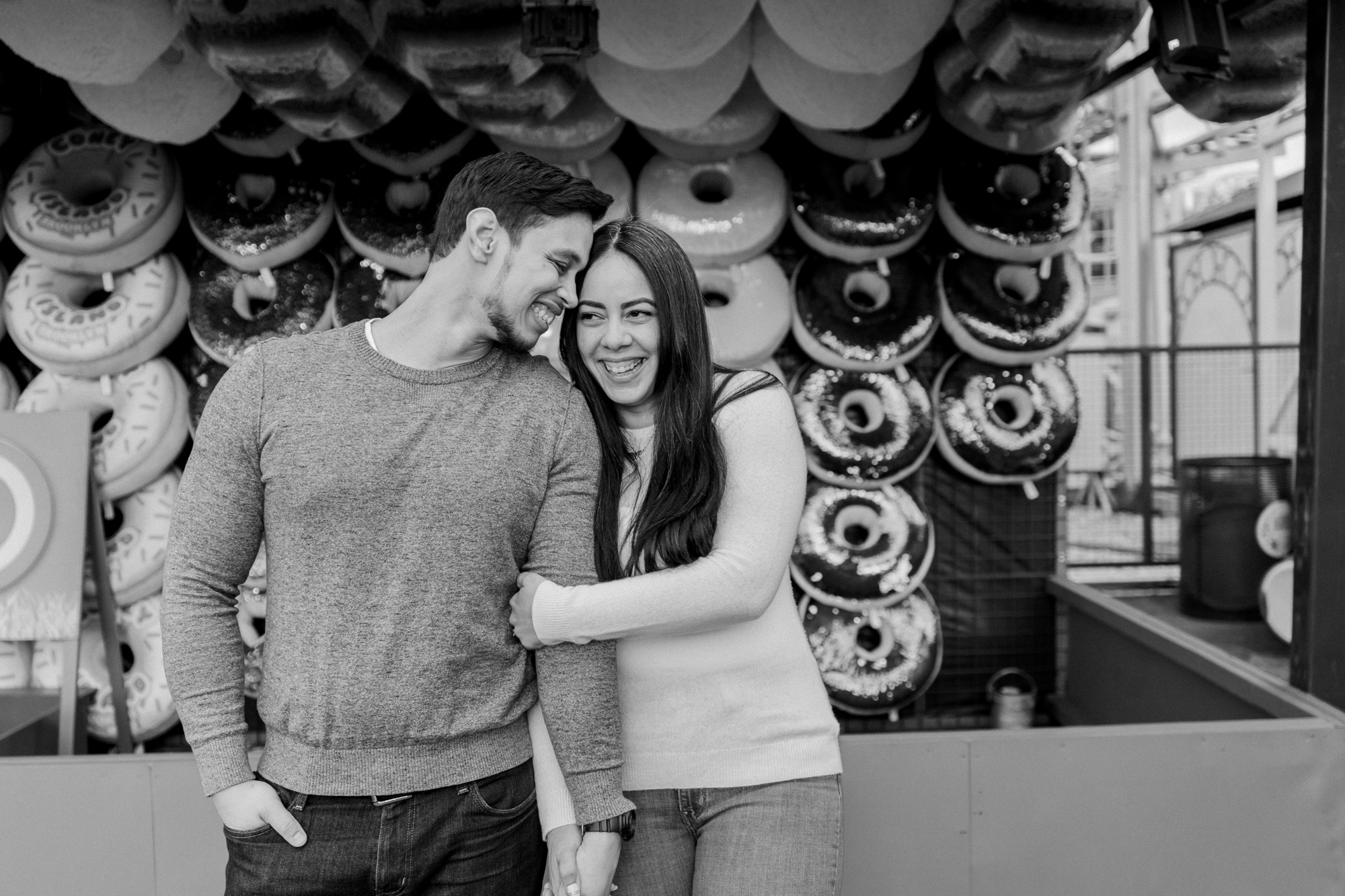 Black and White Coney Island Engagement Photos in Luna Park