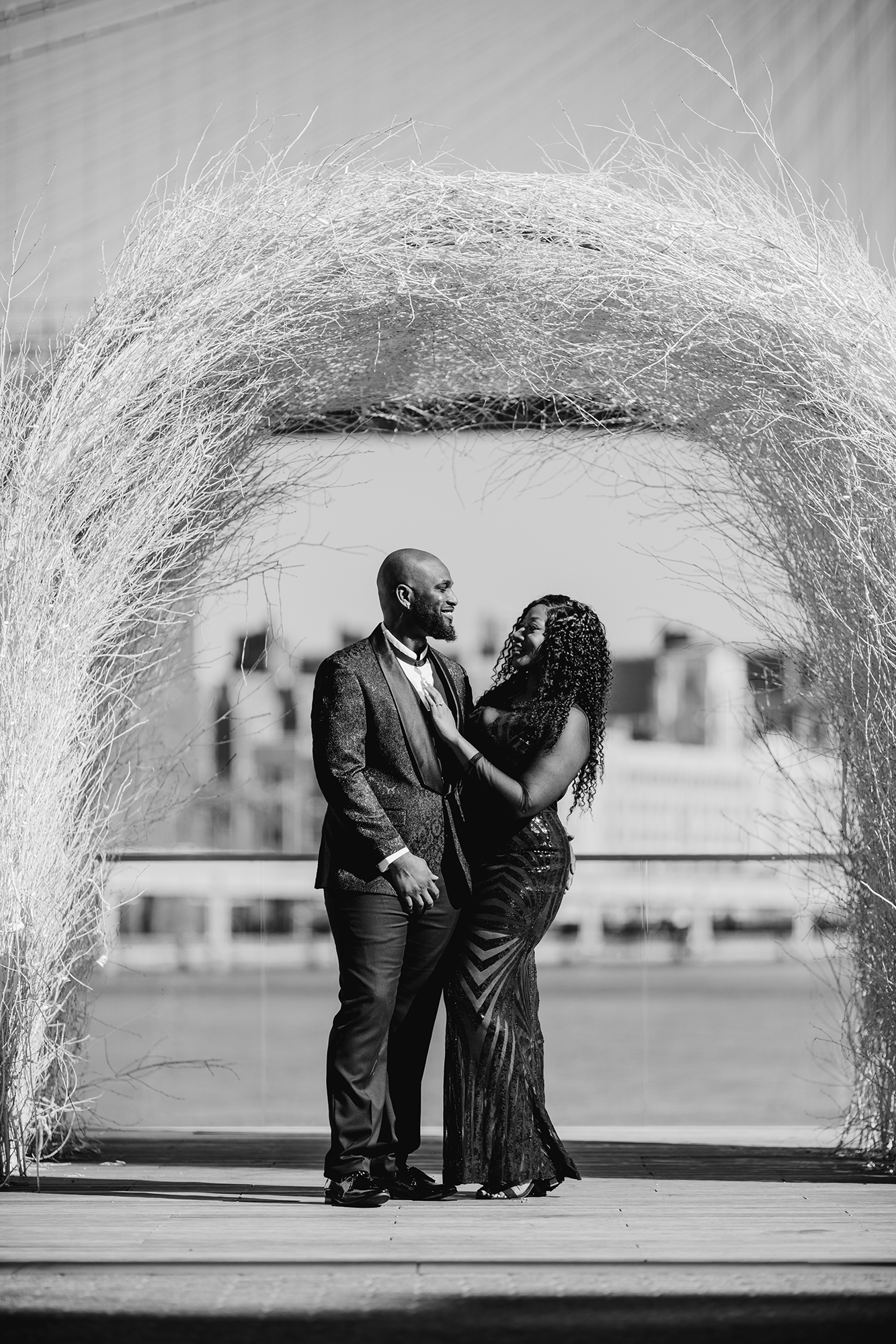 Black and white Wintery South Street Seaport Engagement Photography