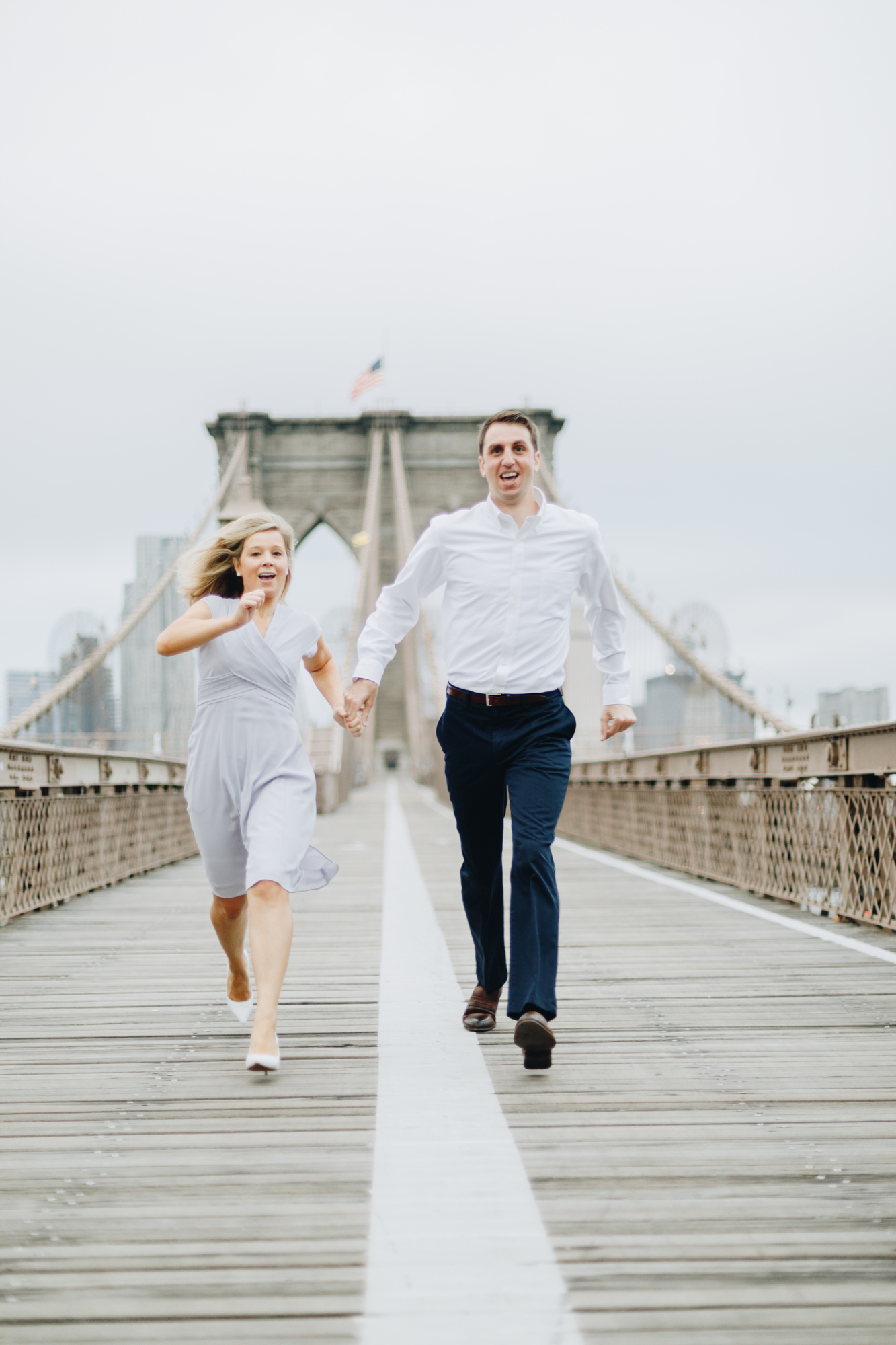 Candid Brooklyn Bridge Park Engagement Photos on a Cloudy Day in New York