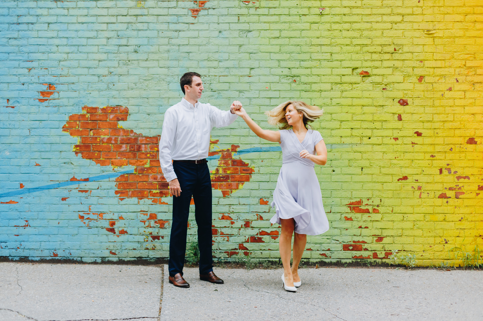 Colorful Brooklyn Bridge Park Engagement Photos on a Cloudy Day in New York
