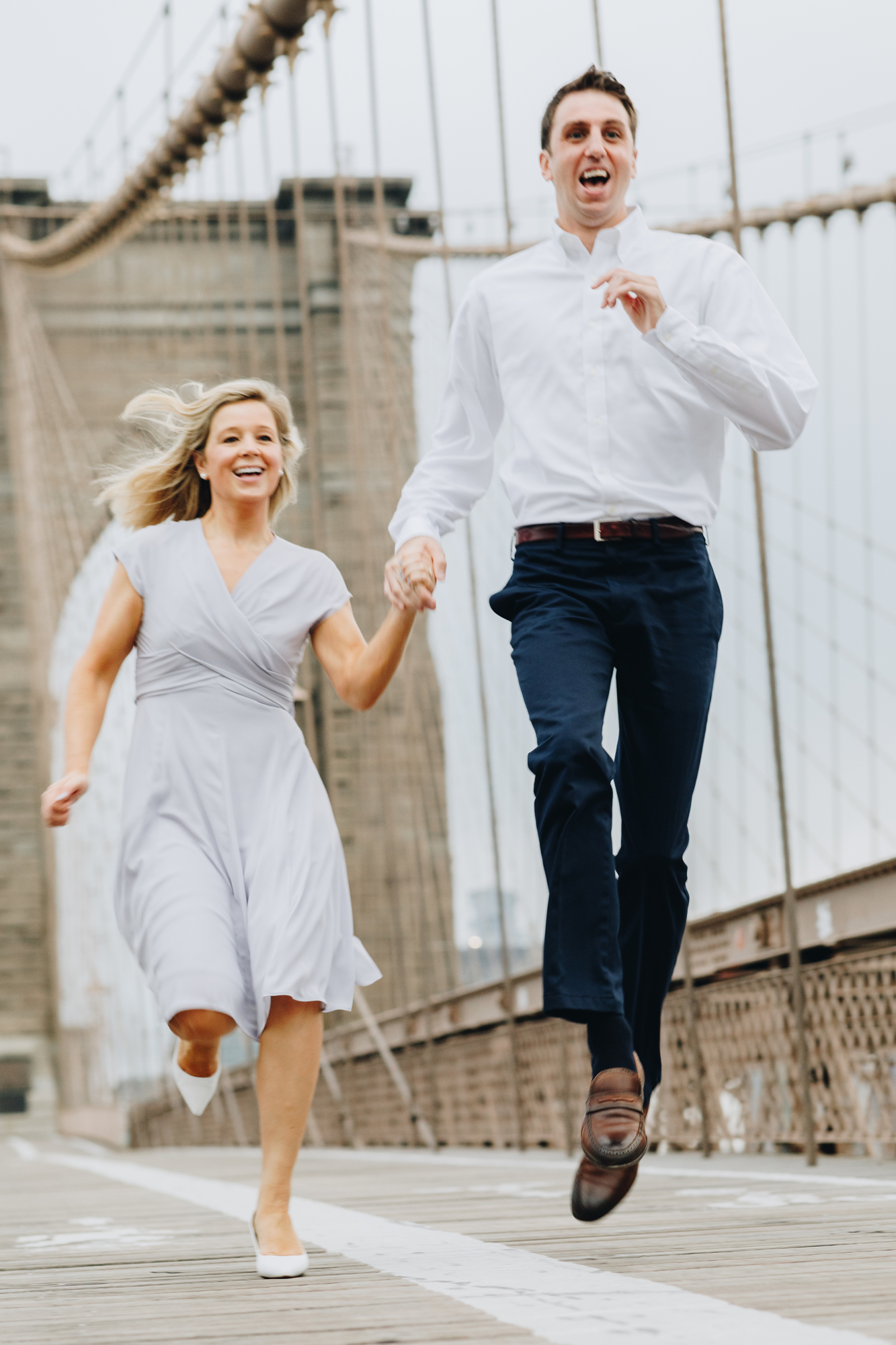 Iconic Brooklyn Bridge Park Engagement Photos on a Cloudy Day in New York