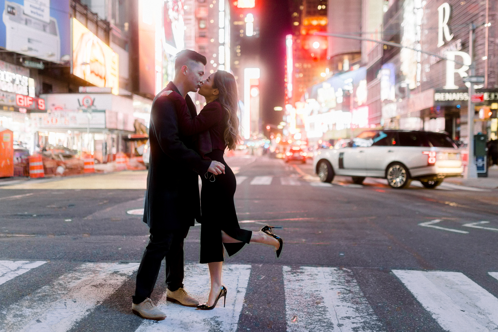 Cinematic Nighttime Winter Engagement Photos in New York's Iconic Times Square