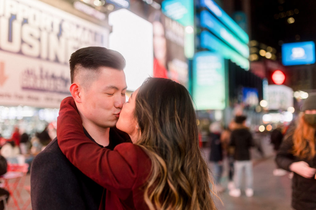 Iconic Winter Times Square Engagement Photos at Night in New York City