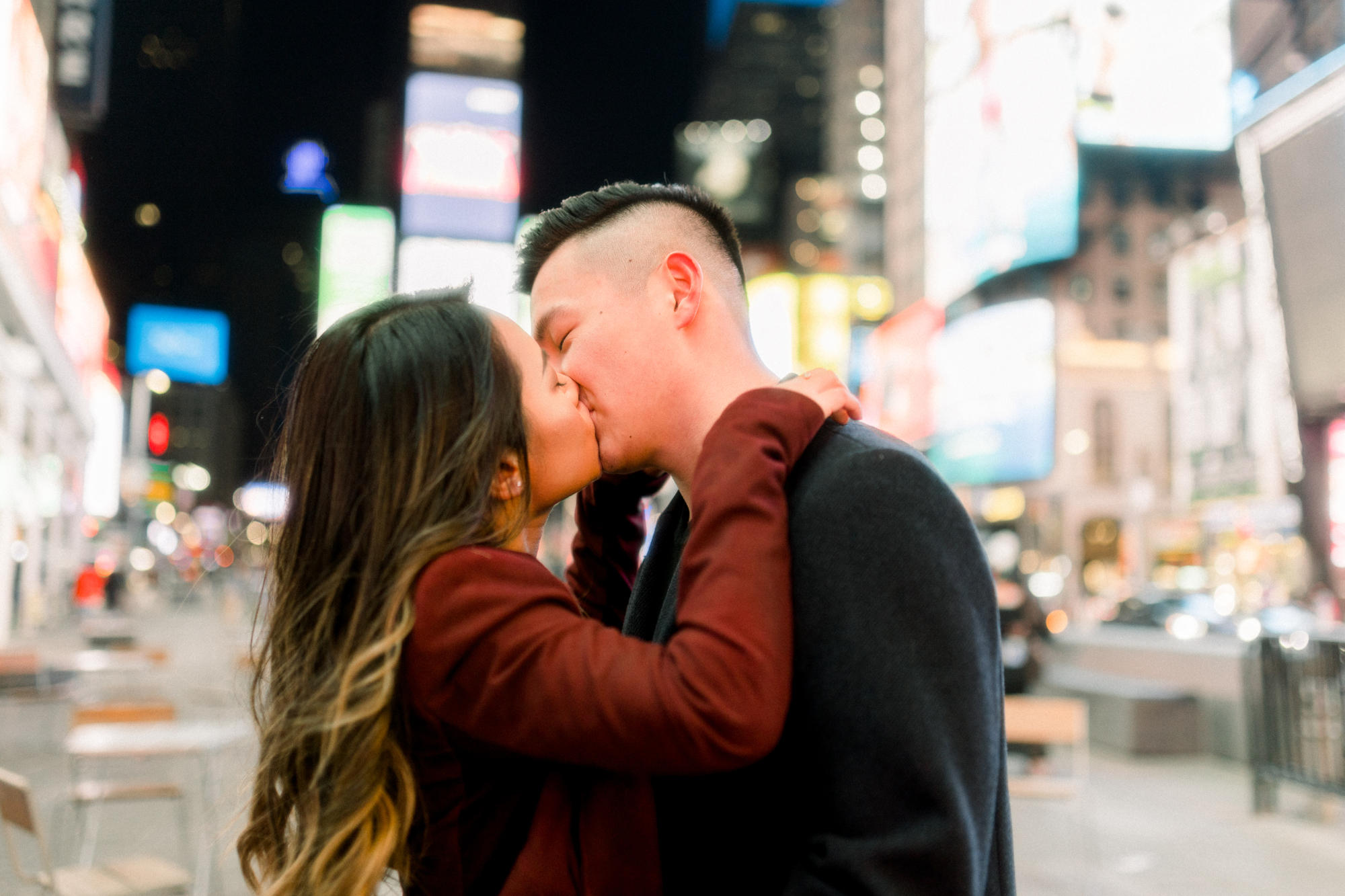 Glowing Nighttime Winter Engagement Photos in New York's Iconic Times Square